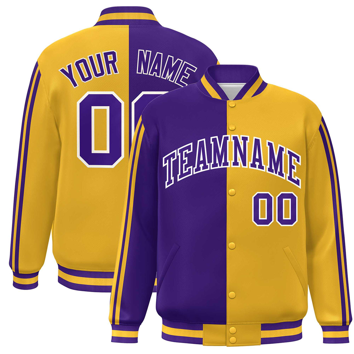 Custom Gold Purple-White Two Tone Color Block Bomber Varsity Baseball Jacket