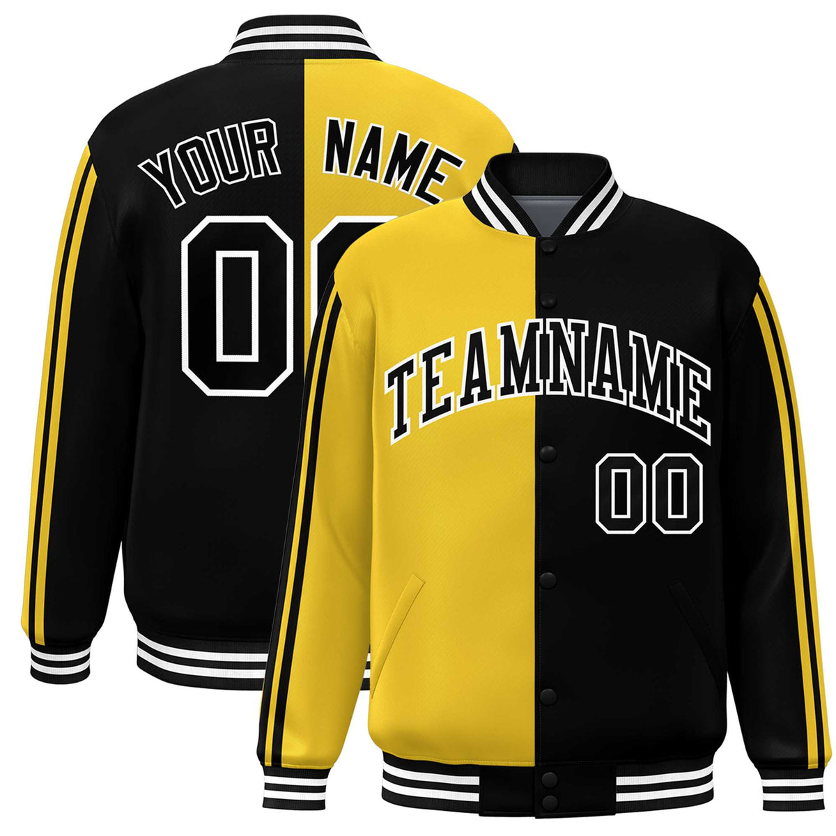 Custom Black Gold-White Two Tone Color Block Bomber Varsity Baseball Jacket
