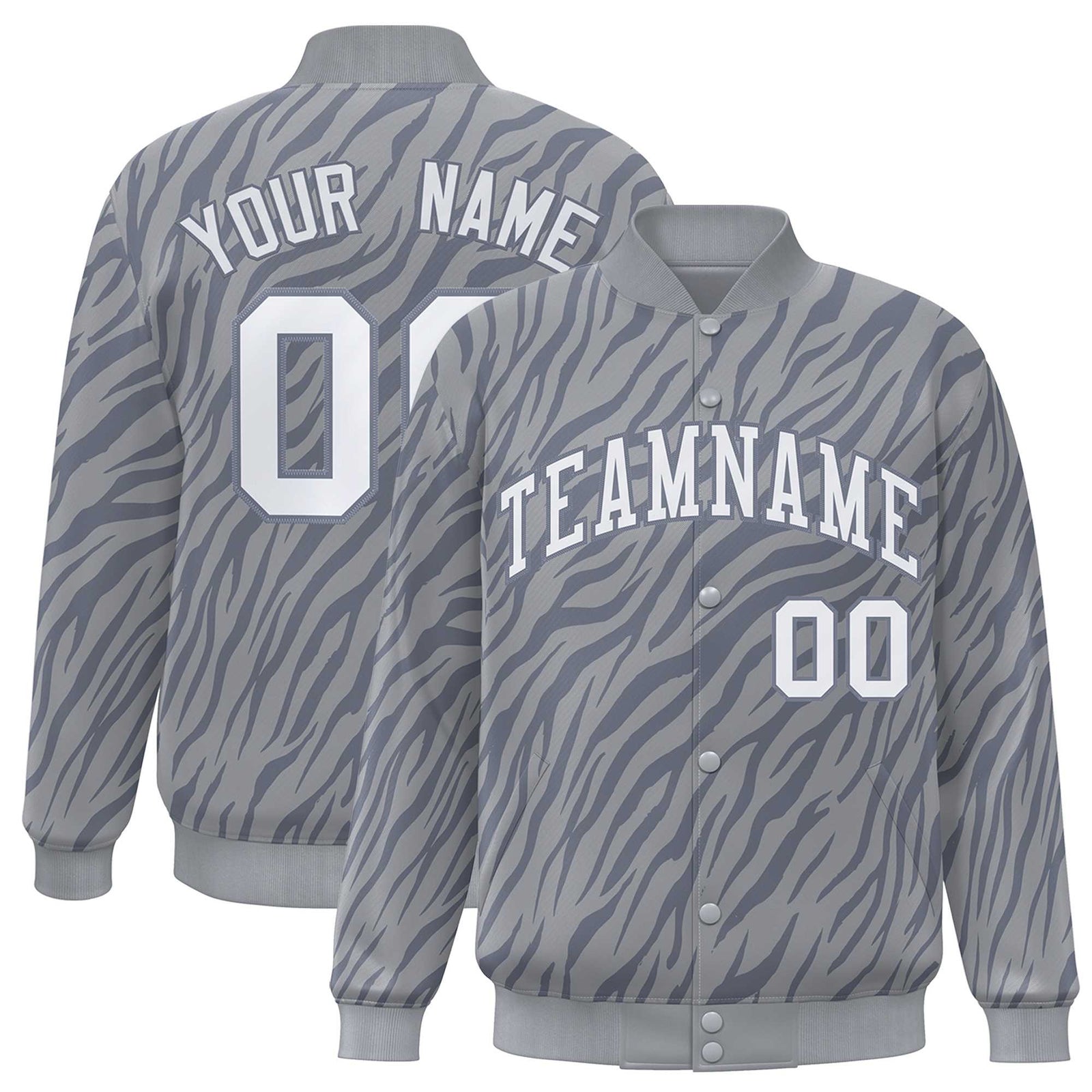 Custom Gray White Tiger Stripes Graffiti Pattern Bomber Varsity Jacket