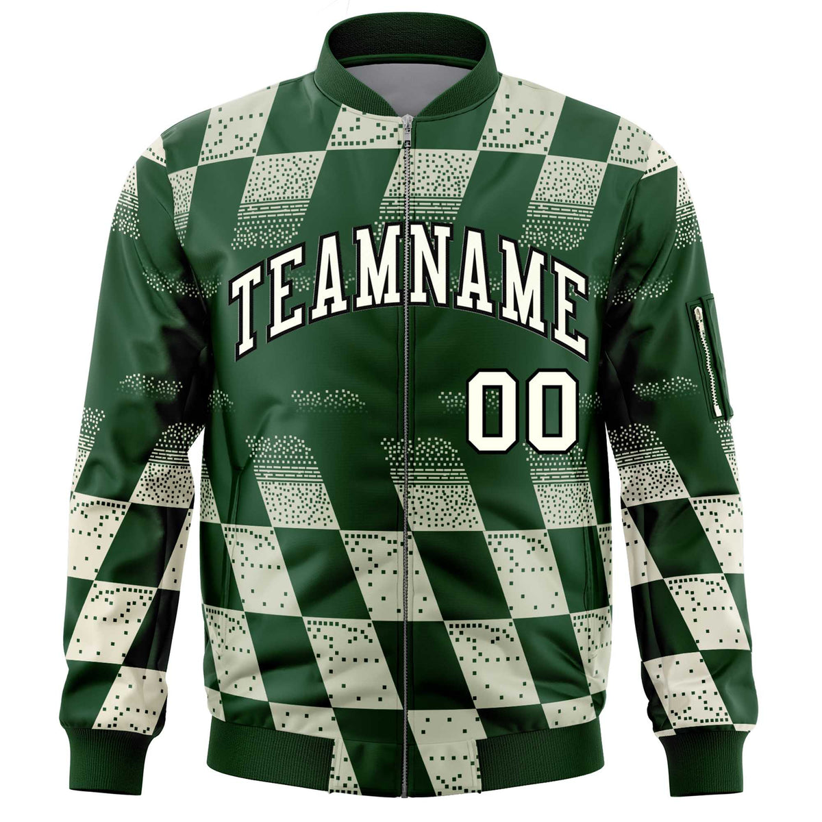 Custom Green Khaki Grid Varsity Full-Zip Color Block Letterman Bomber Jacket