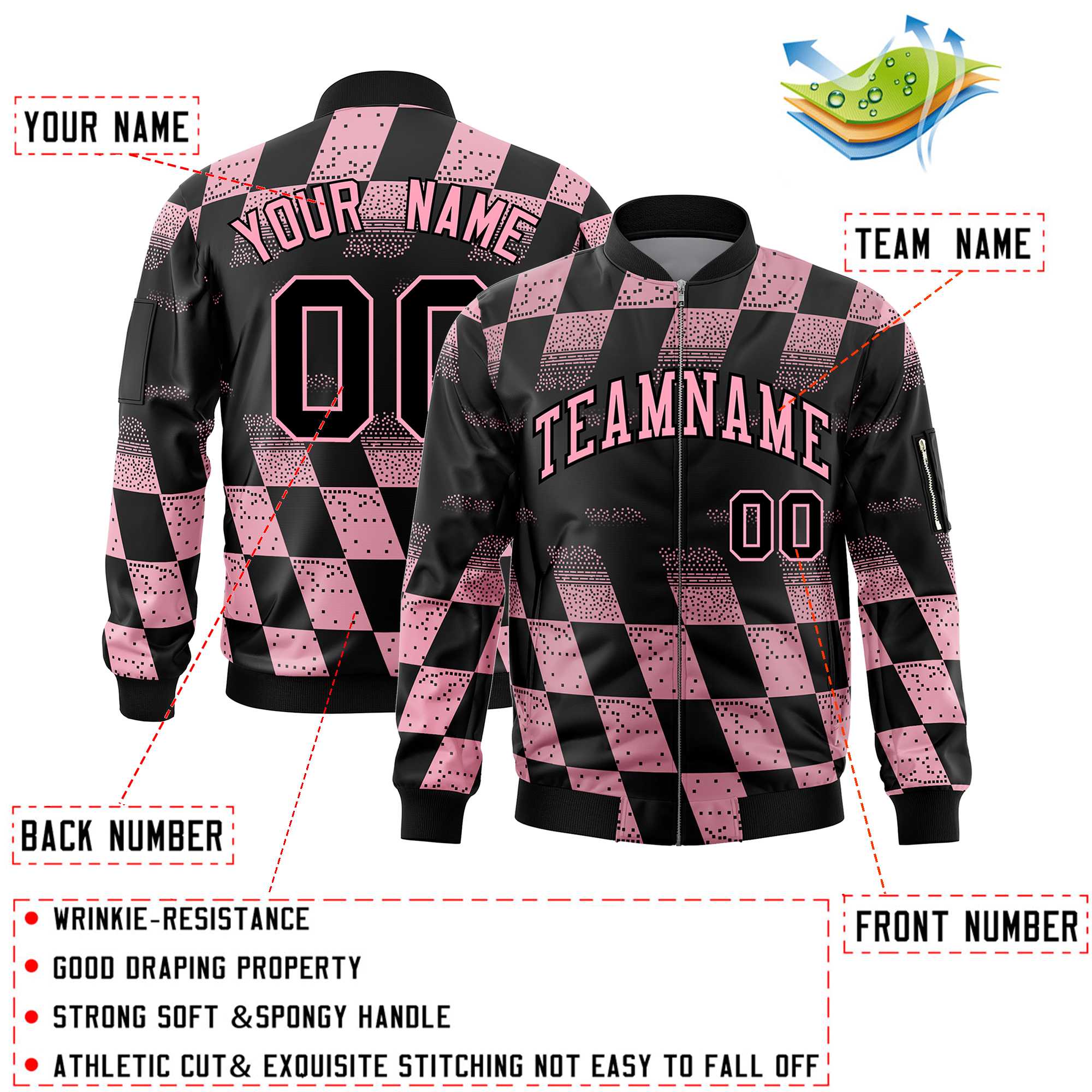 Custom Black Pink Grid Varsity Full-Zip Color Block Letterman Bomber Jacket