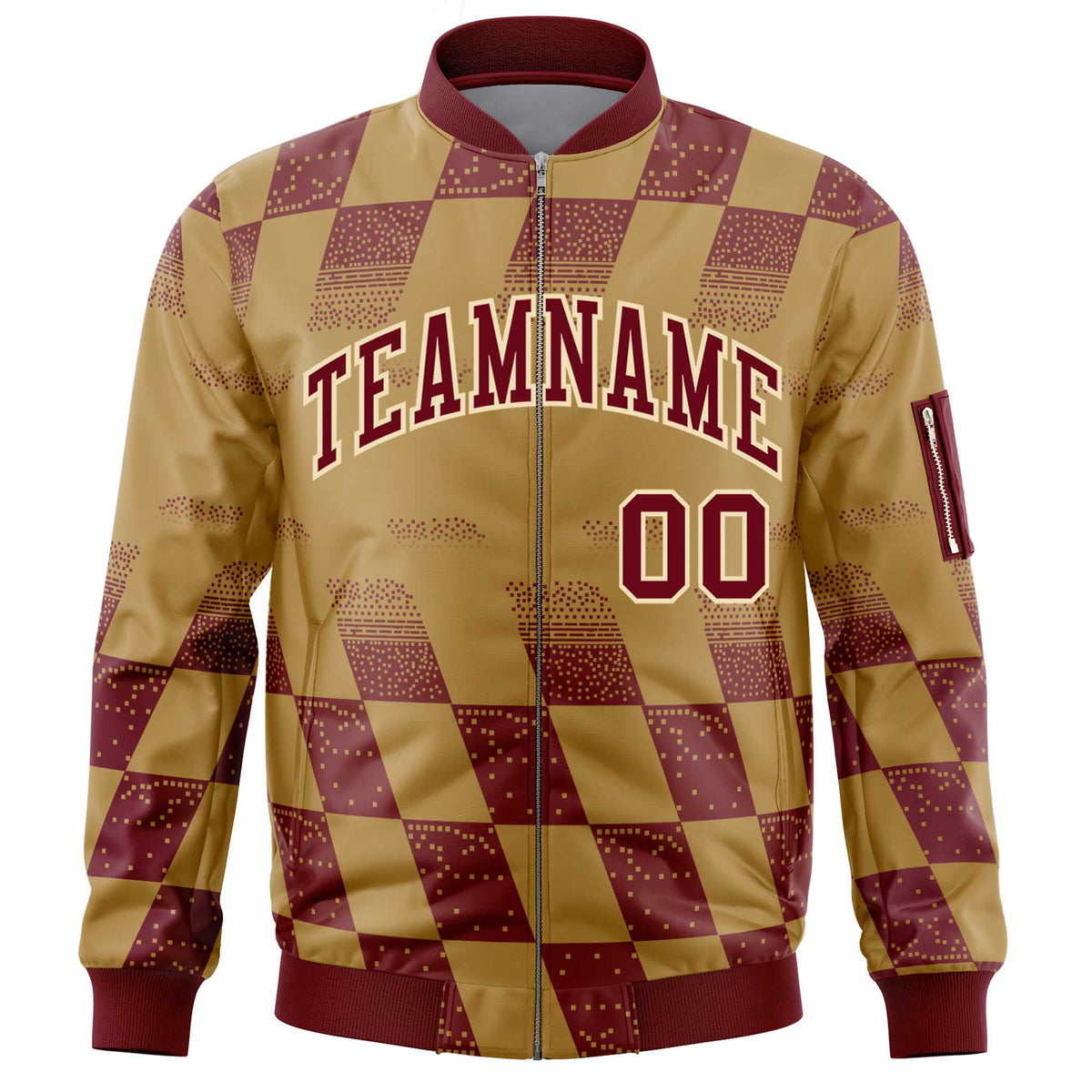 Custom Old Gold Crimson Grid Varsity Full-Zip Color Block Letterman Bomber Jacket