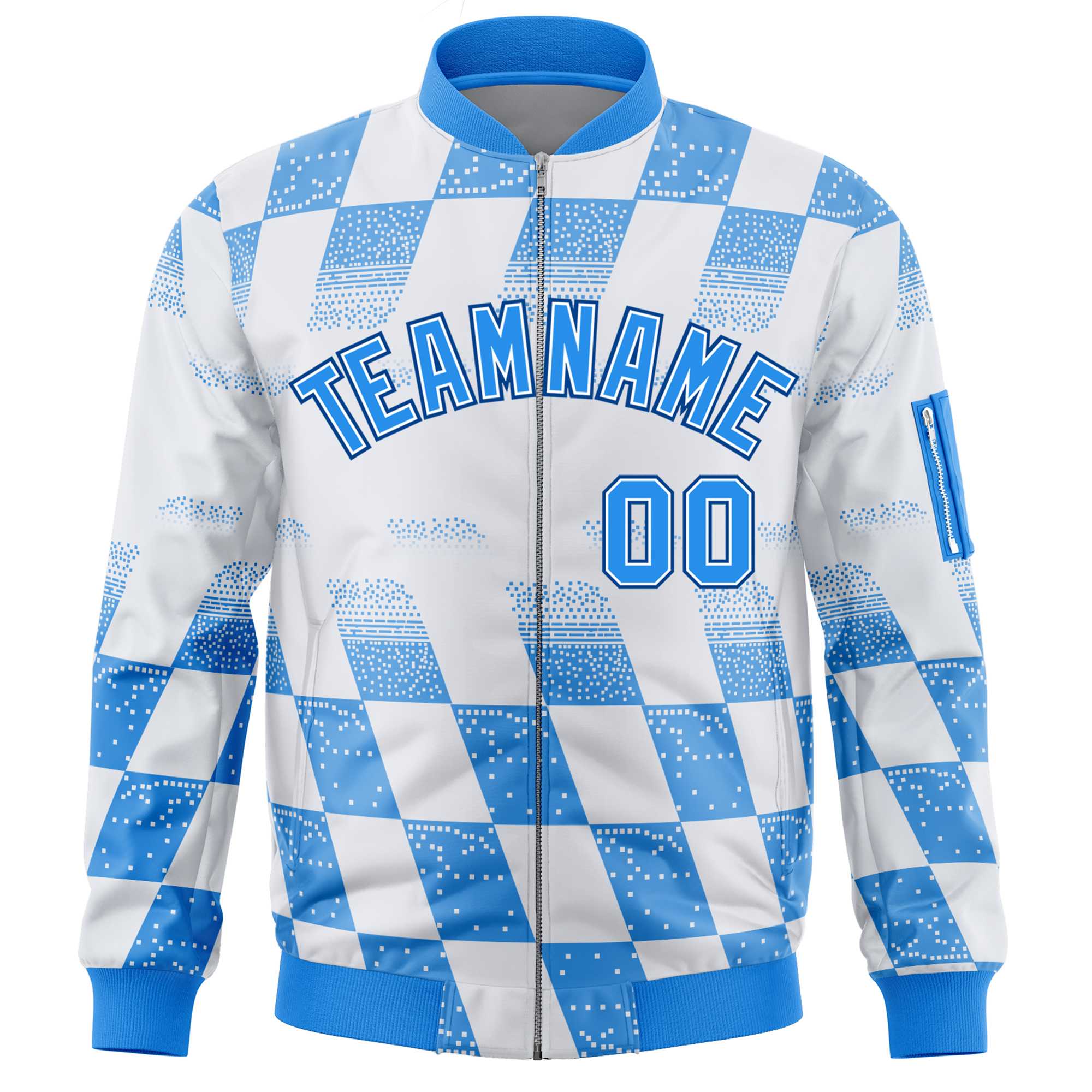 Custom White Powder Blue Grid Varsity Full-Zip Color Block Letterman Bomber Jacket