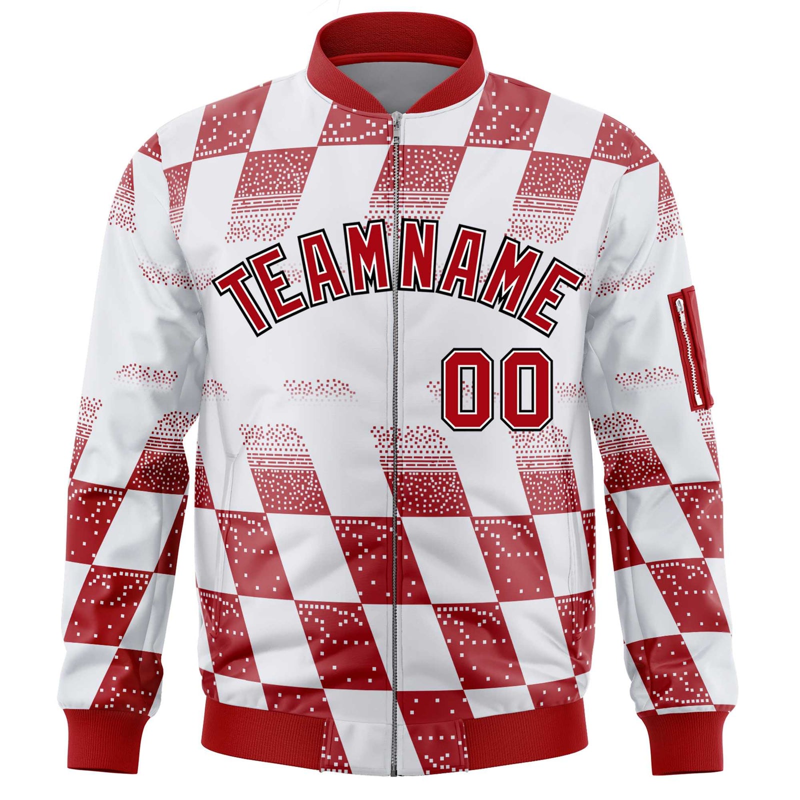 Custom White Red Grid Varsity Full-Zip Color Block Letterman Bomber Jacket