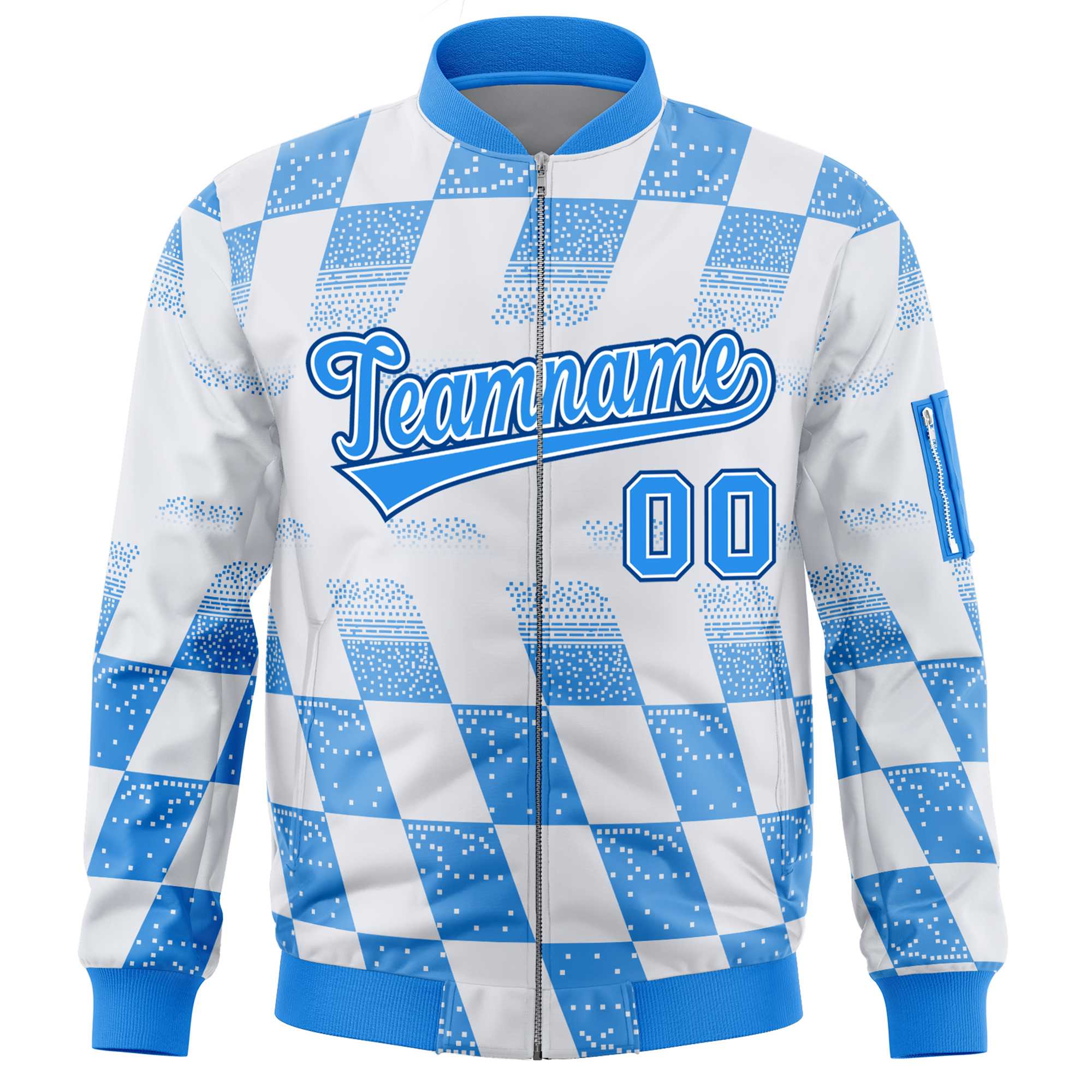 Custom White Powder Blue Grid Varsity Full-Zip Color Block Letterman Bomber Jacket
