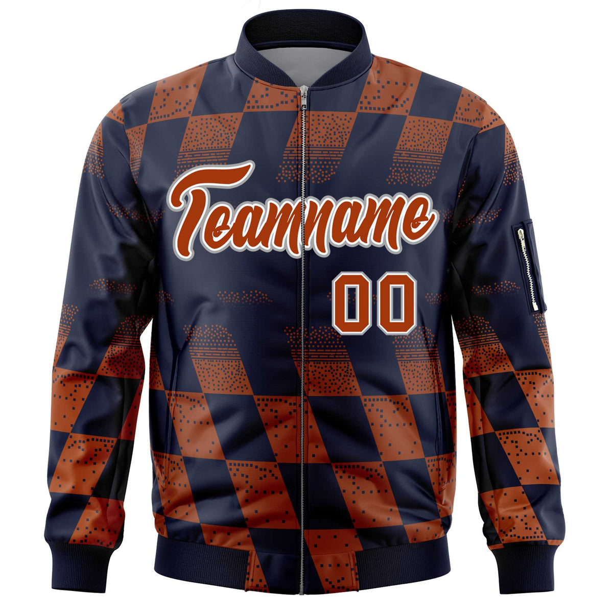 Custom Navy Orange Grid Varsity Full-Zip Color Block Letterman Bomber Jacket