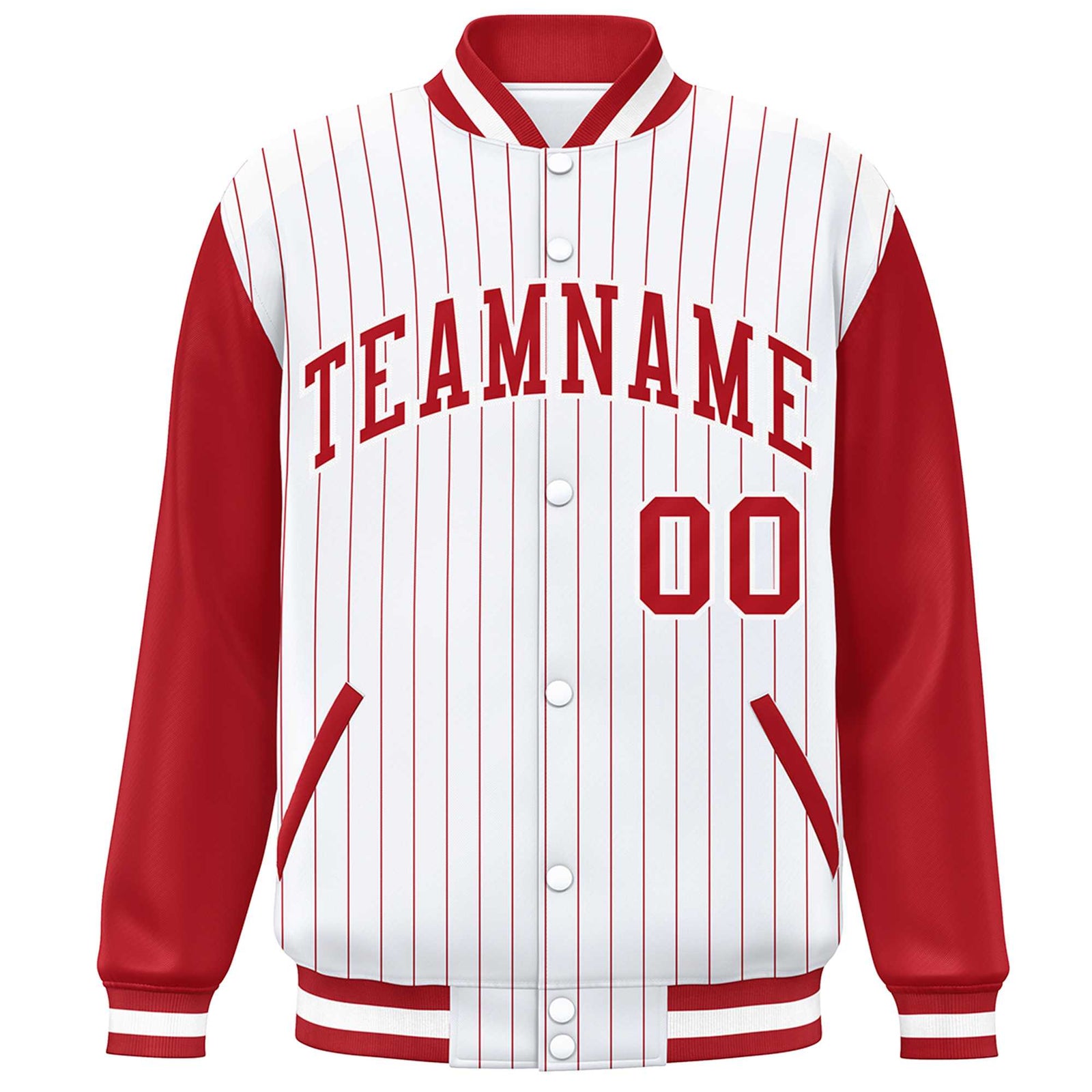 Custom White Red Stripe Fashion Bomber Varsity Jacket with Raglan Sleeves