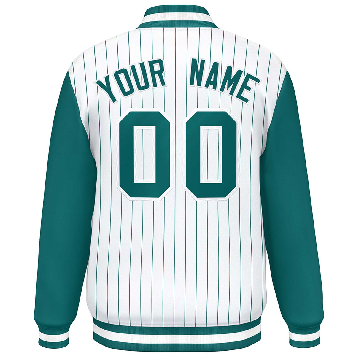 Custom White Aqua Stripe Fashion Bomber Varsity Jacket with Raglan Sleeves