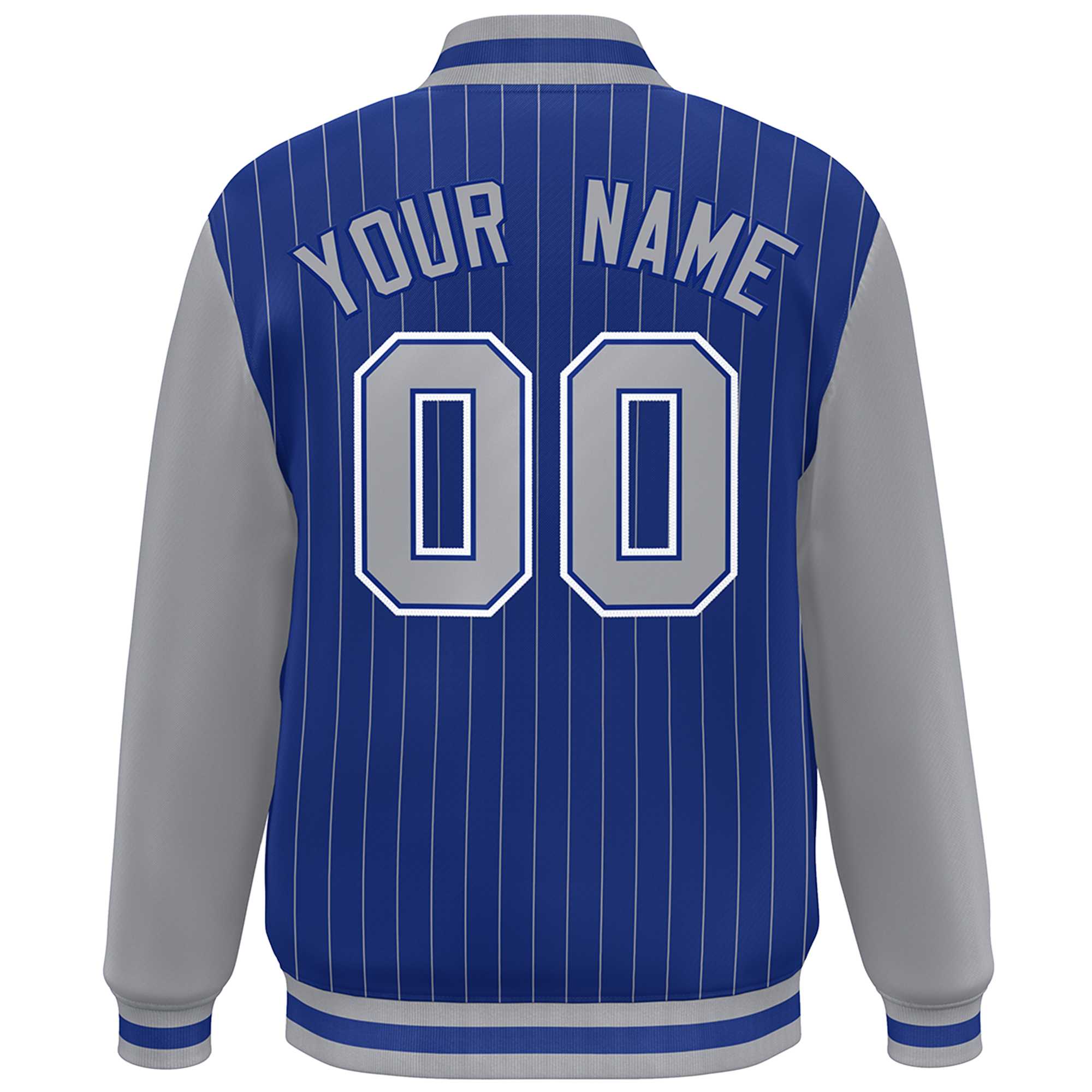 Custom Royal Gray-White Stripe Fashion Bomber Varsity Jacket with Raglan Sleeves