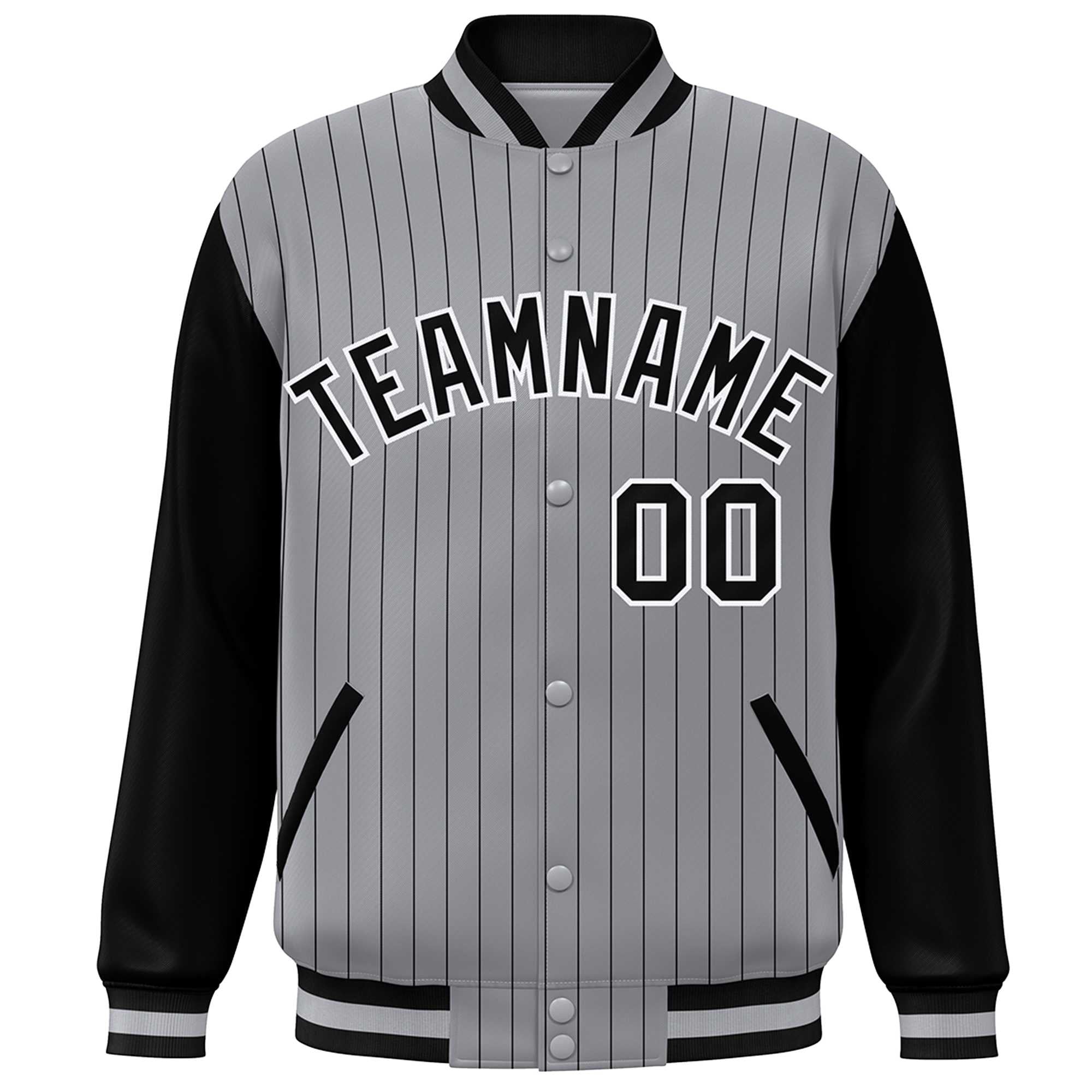 Custom Gray Black-White Stripe Fashion Bomber Varsity Jacket with Raglan Sleeves