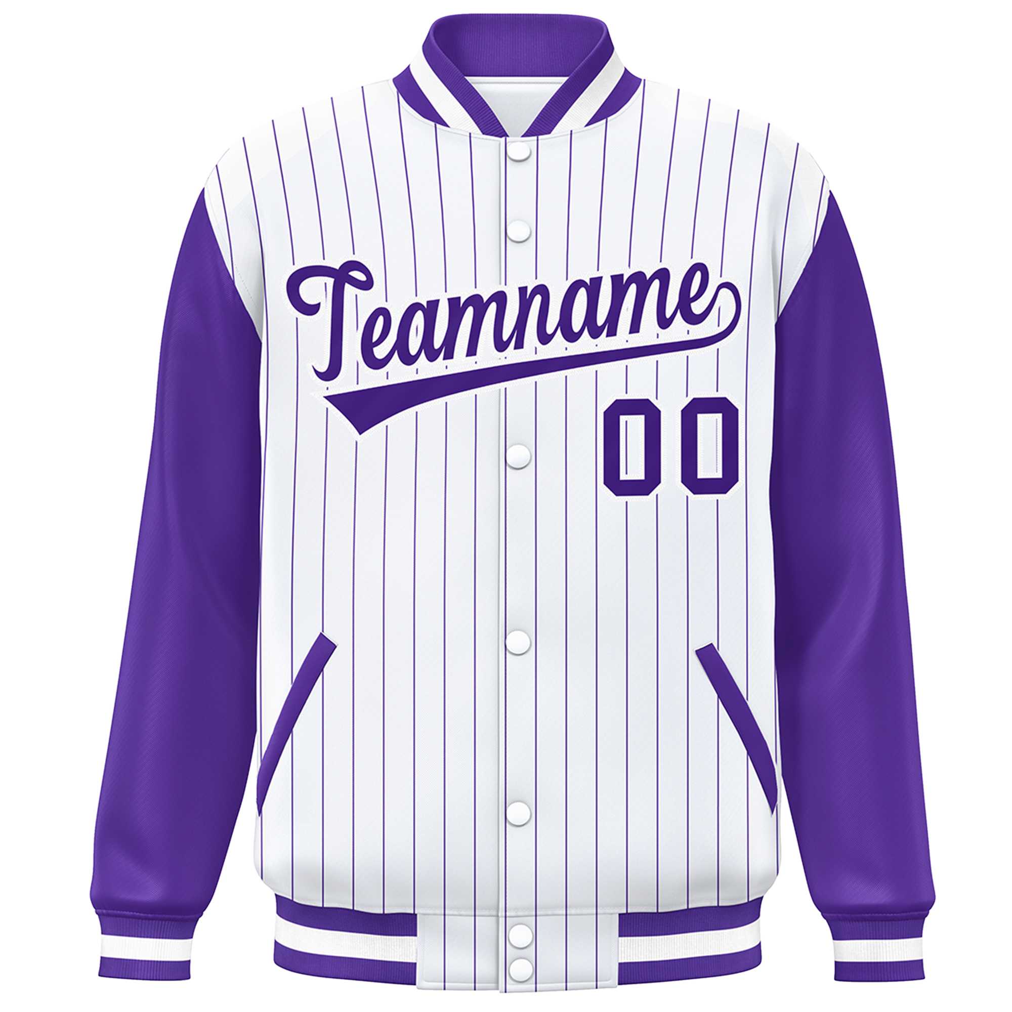 Custom White Purple Stripe Fashion Bomber Varsity Jacket with Raglan Sleeves
