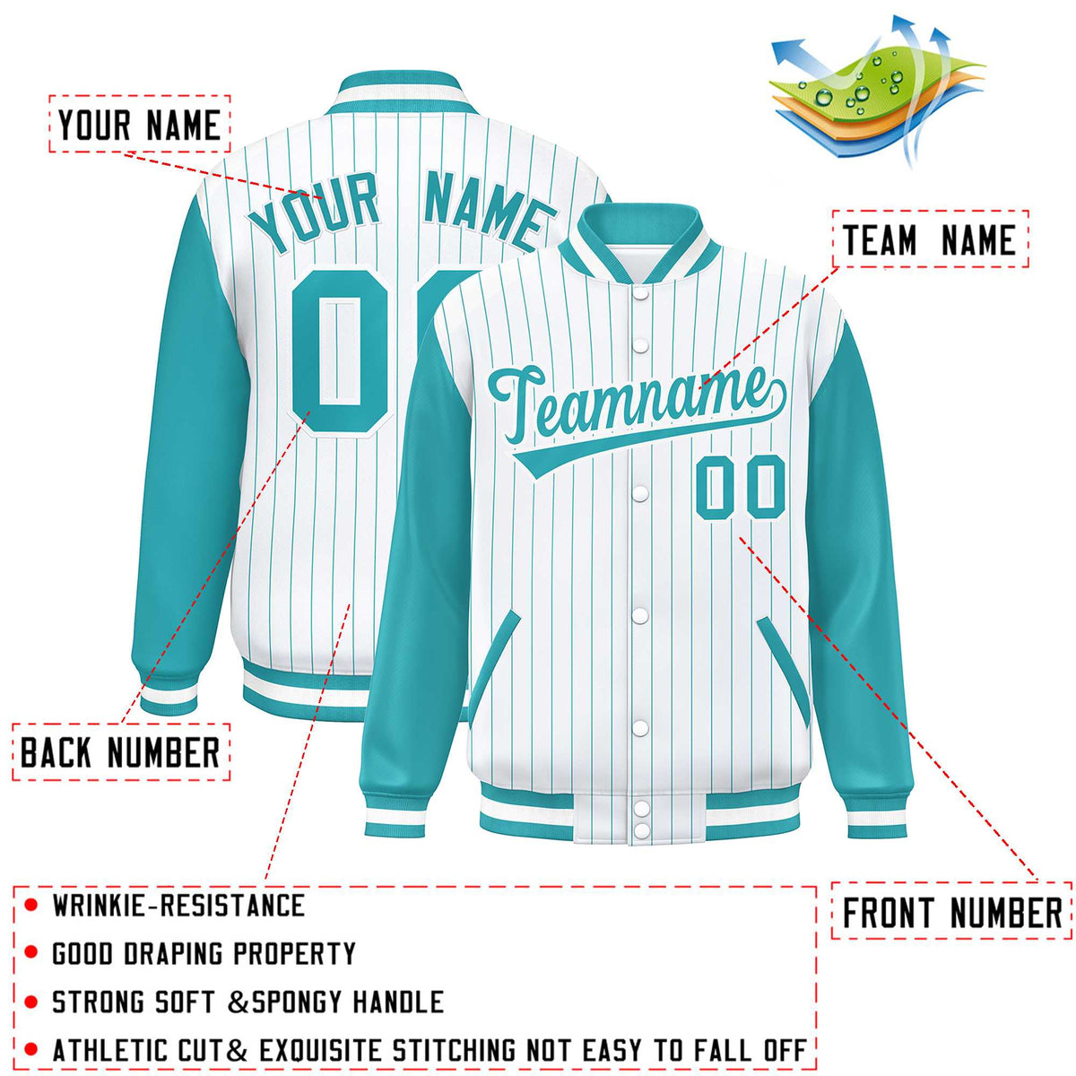 Custom White Aqua Stripe Fashion Bomber Varsity Jacket with Raglan Sleeves