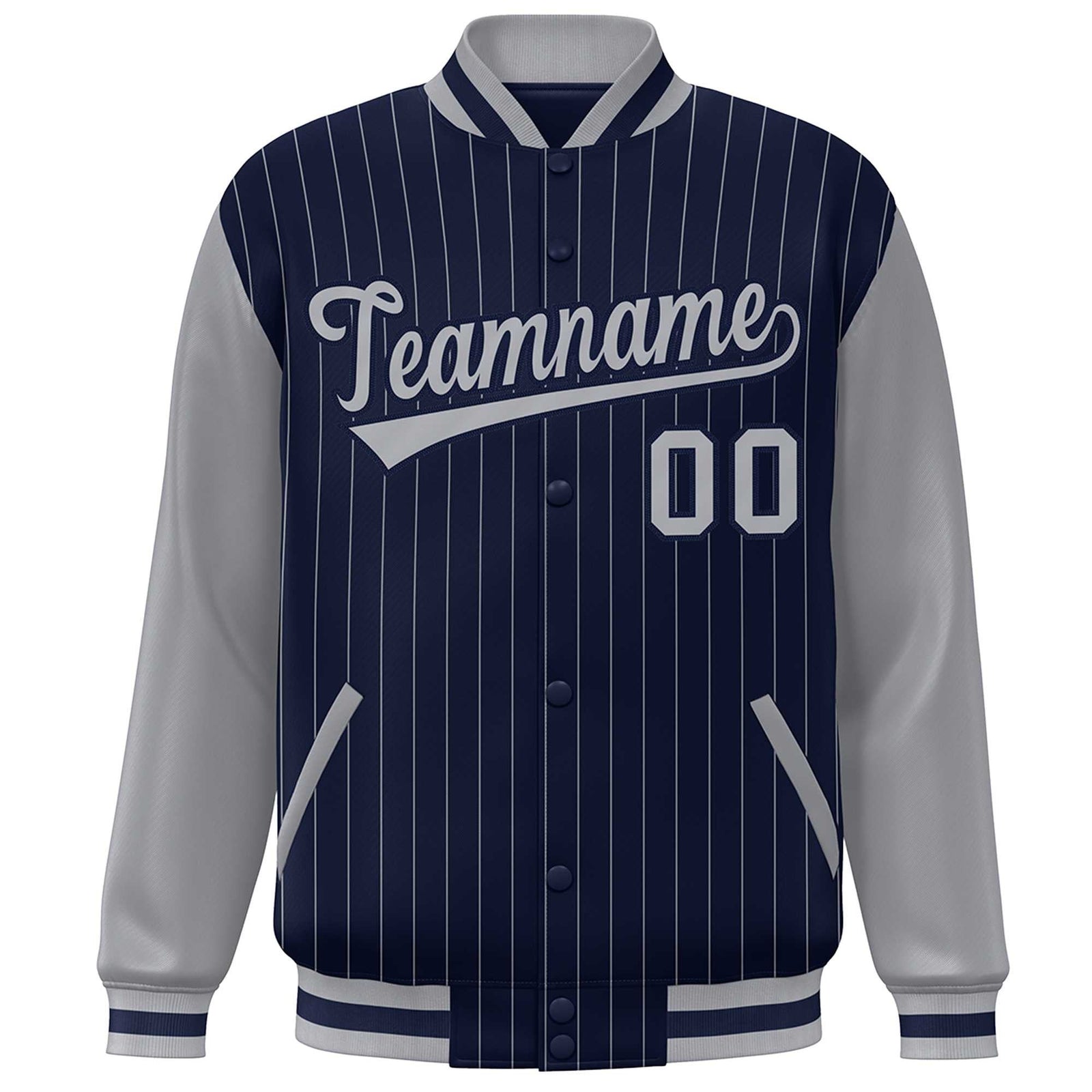Custom Navy Gray Stripe Fashion Bomber Varsity Jacket with Raglan Sleeves
