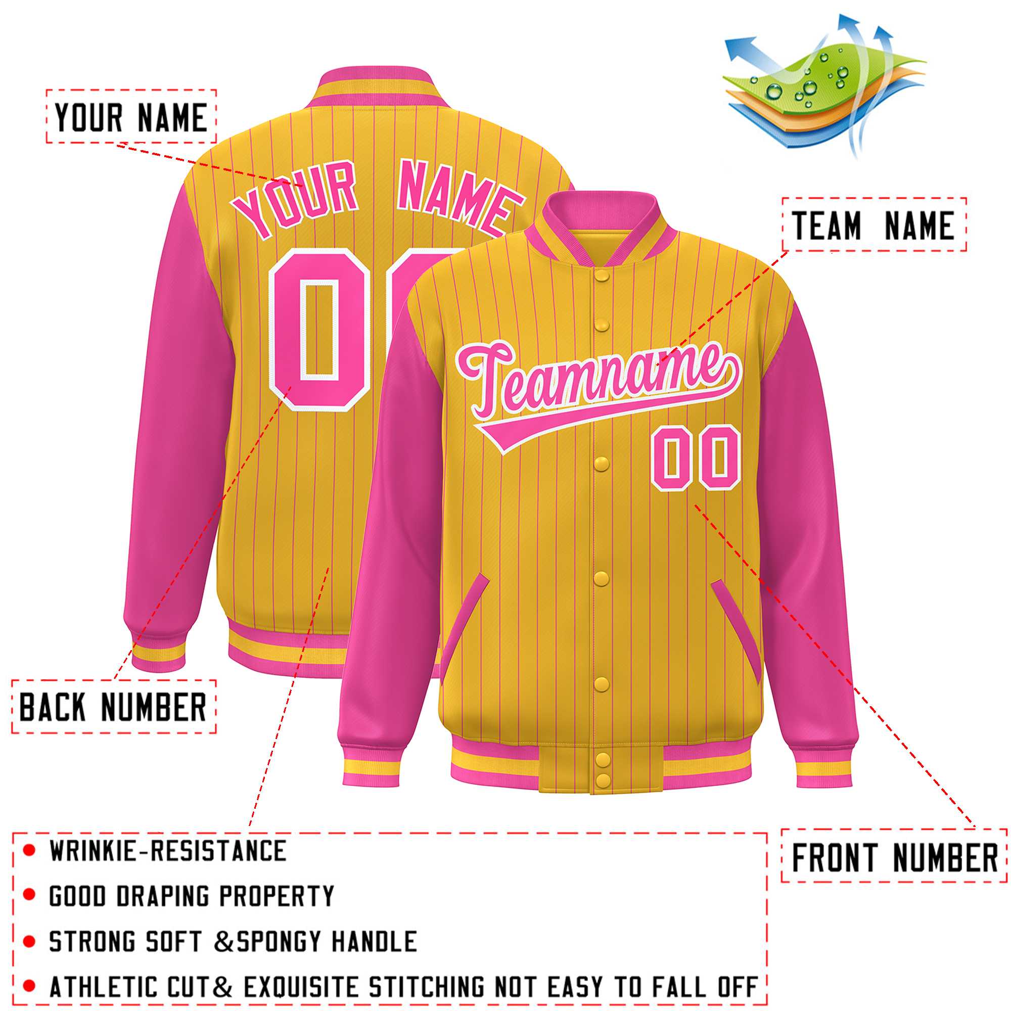 Custom Gold Pink-White Stripe Fashion Bomber Varsity Jacket with Raglan Sleeves