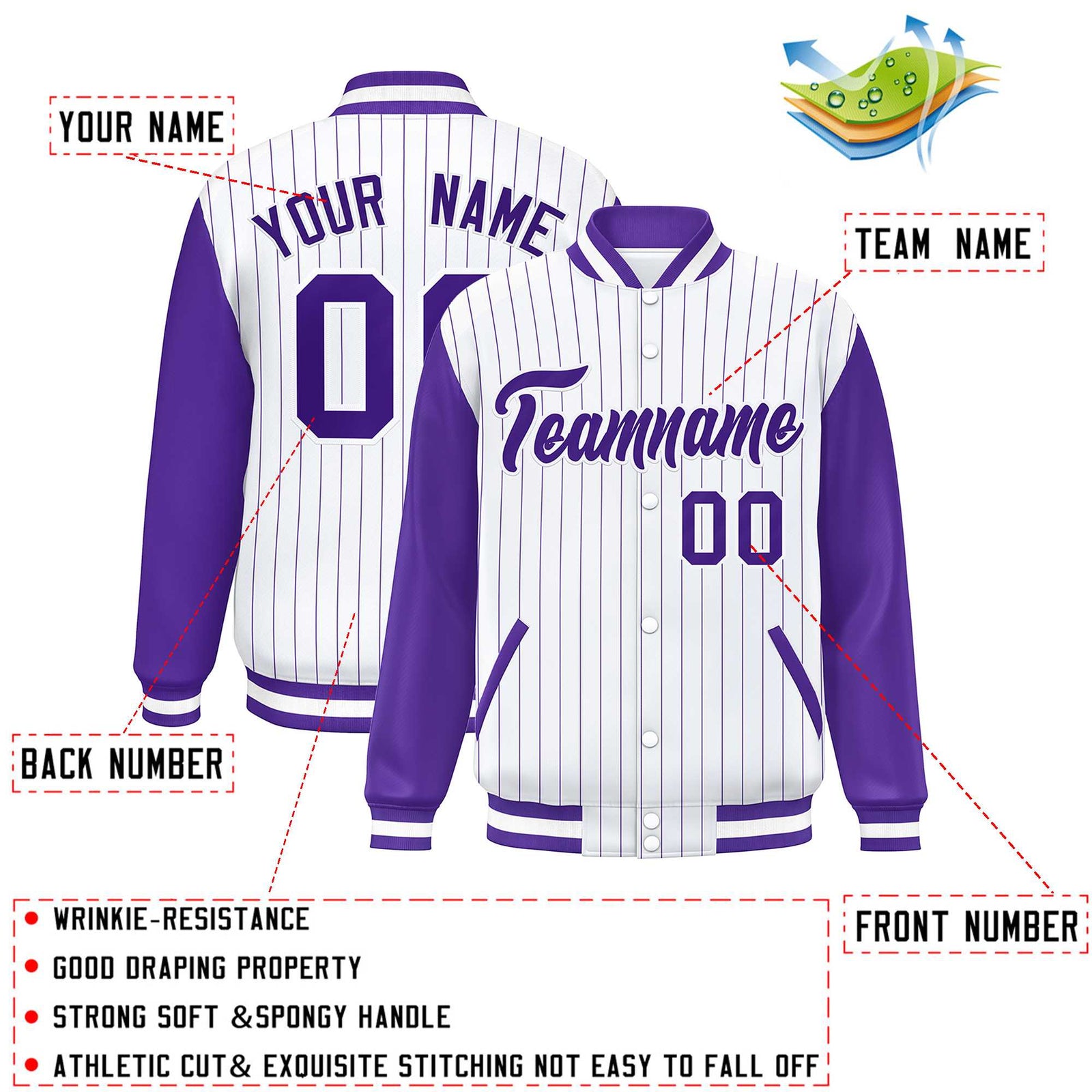 Custom White Purple Stripe Fashion Bomber Varsity Jacket with Raglan Sleeves