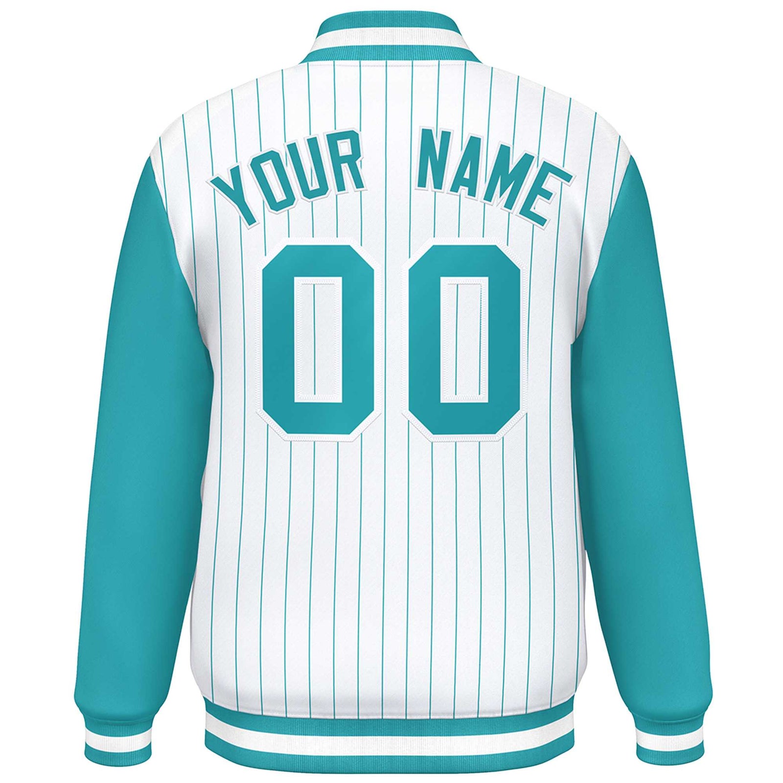 Custom White Aqua Stripe Fashion Bomber Varsity Jacket with Raglan Sleeves