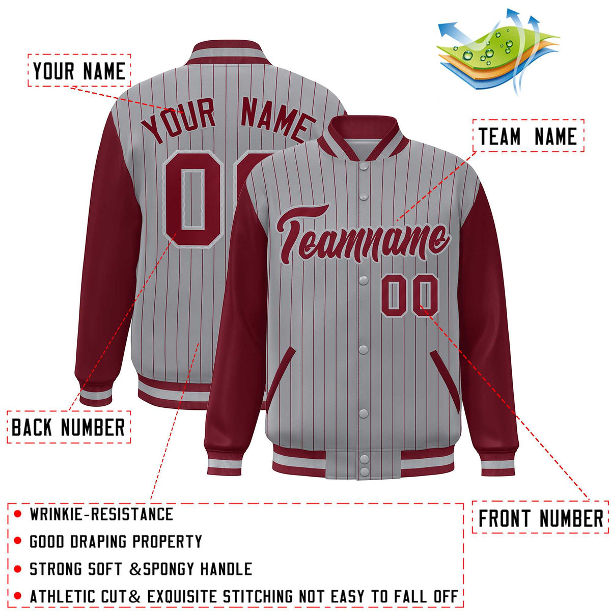 Custom Gray Crimson Stripe Fashion Bomber Varsity Jacket with Raglan Sleeves
