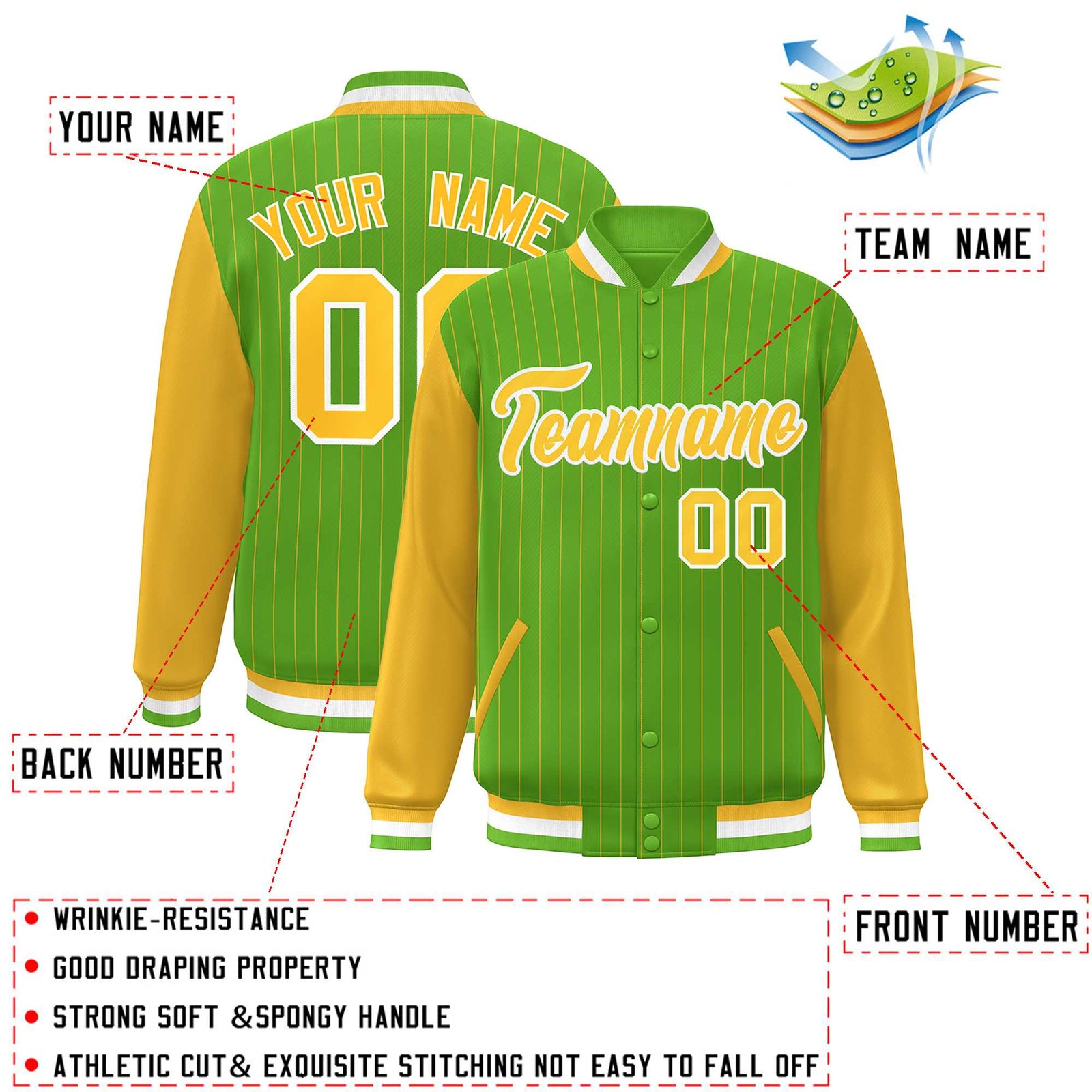 Custom Green Gold-White Stripe Fashion Bomber Varsity Jacket with Raglan Sleeves