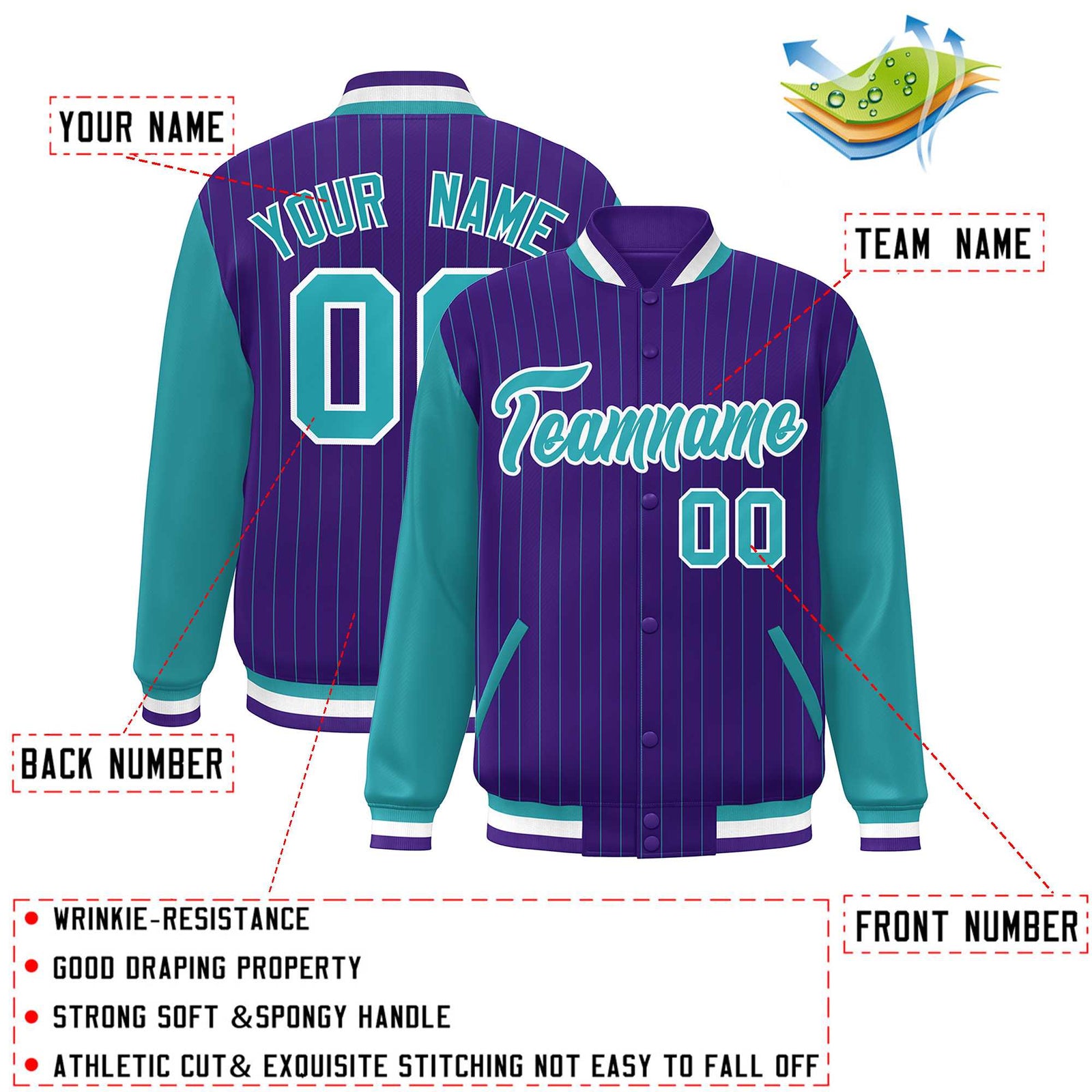 Custom Purple Aqua-White Stripe Fashion Bomber Varsity Jacket with Raglan Sleeves