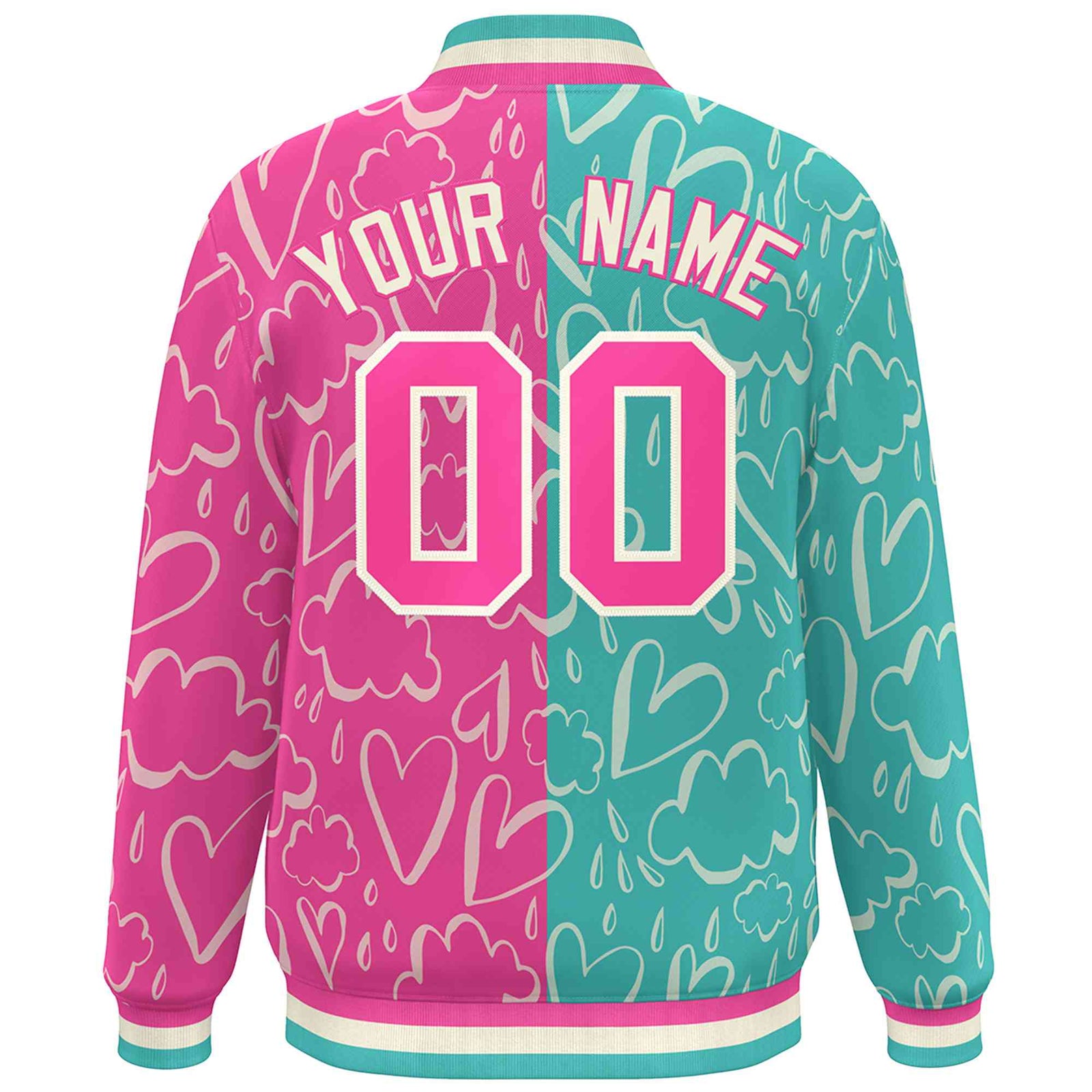 Custom Pink Aqua Split Fashion Letterman Bomber Graffiti Pattern Baseball Jacket