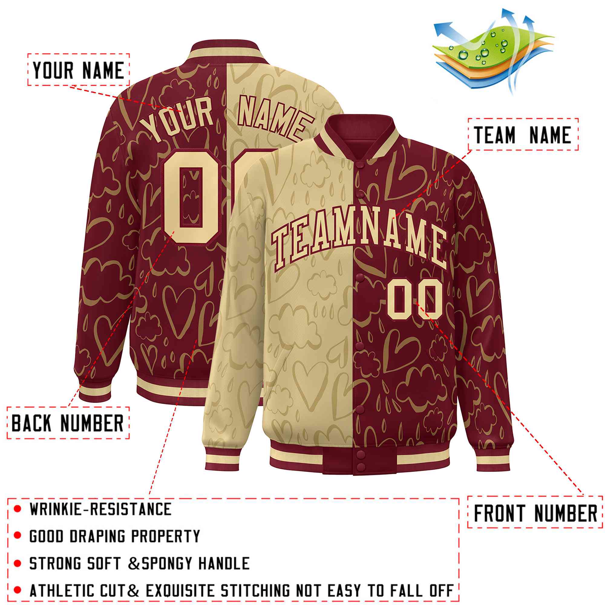 Custom Crimson Khaki Split Fashion Letterman Bomber Graffiti Pattern Baseball Jacket