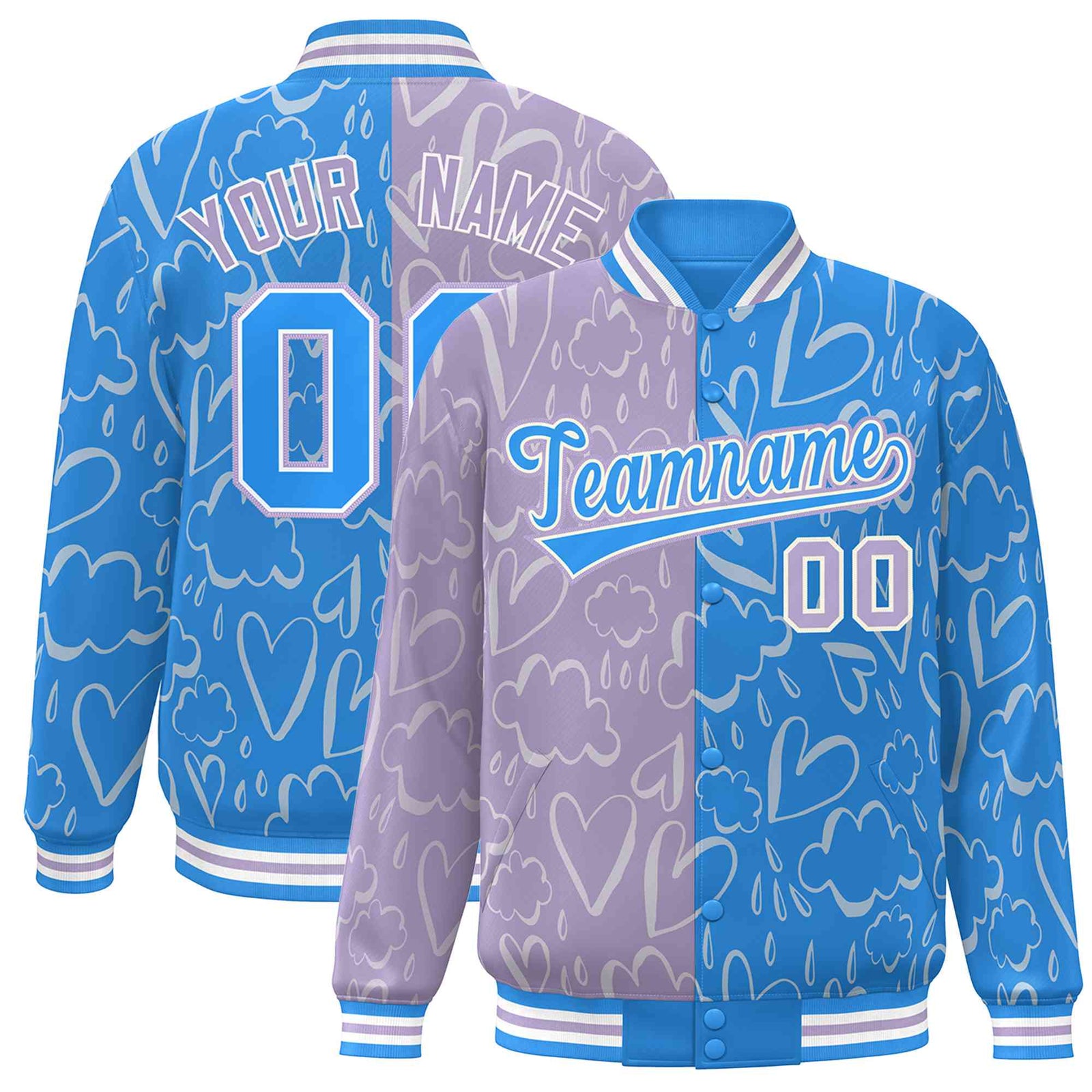 Custom Powder Blue Lt Purple Split Fashion Letterman Bomber Graffiti Pattern Baseball Jacket