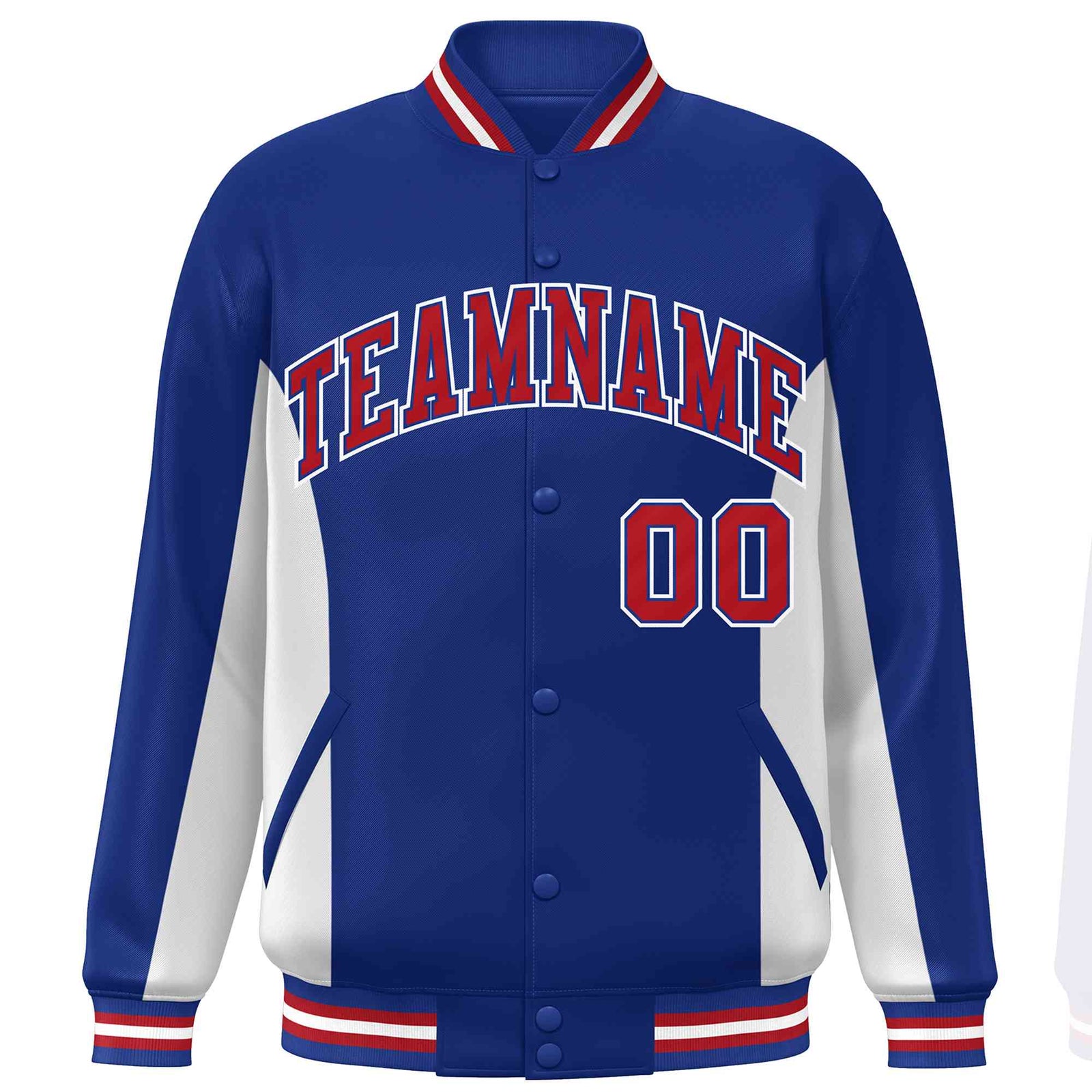 Custom Royal White-Red Varsity Full-Snap Color Block Letterman Baseball Jacket