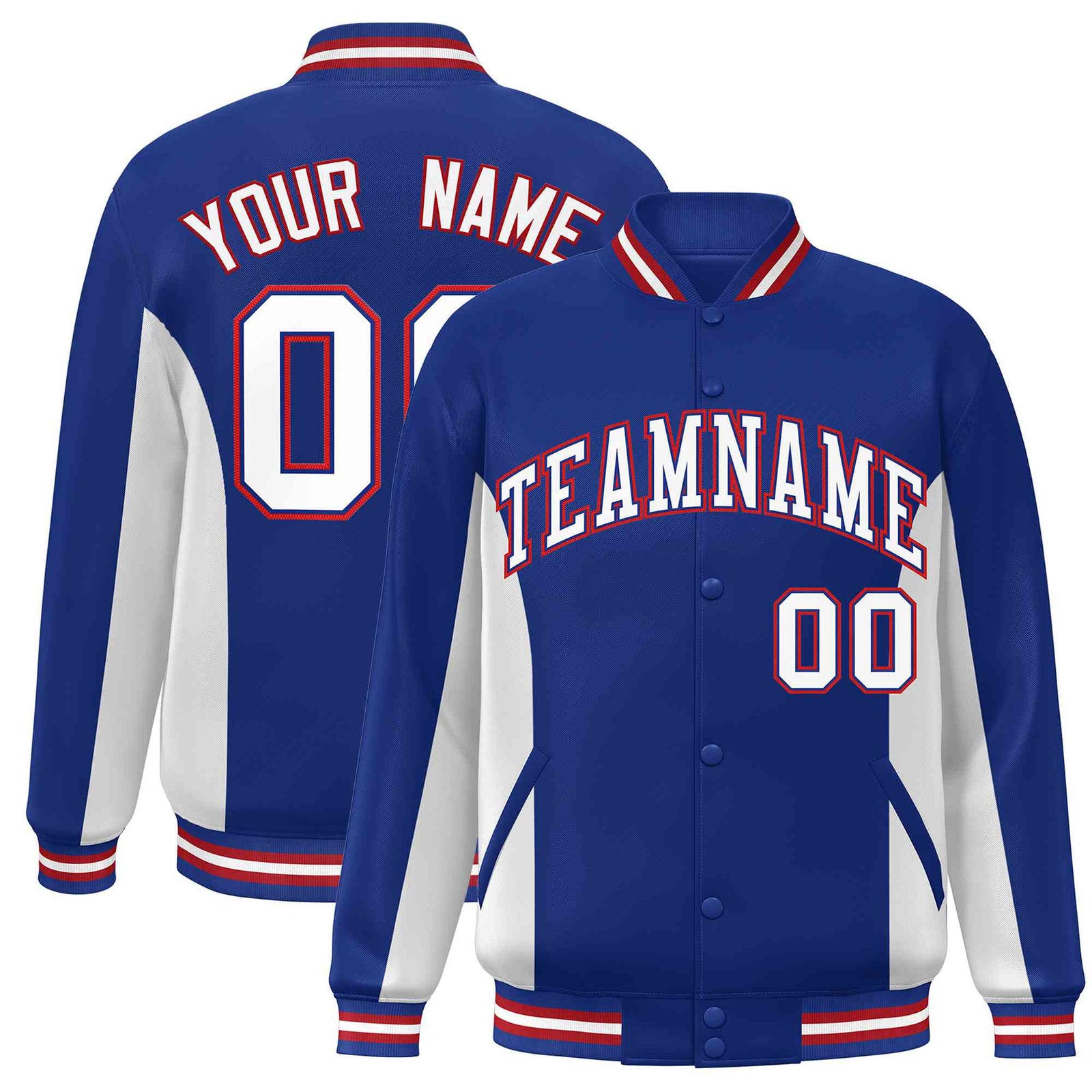 Custom Royal White Varsity Full-Snap Color Block Letterman Baseball Jacket