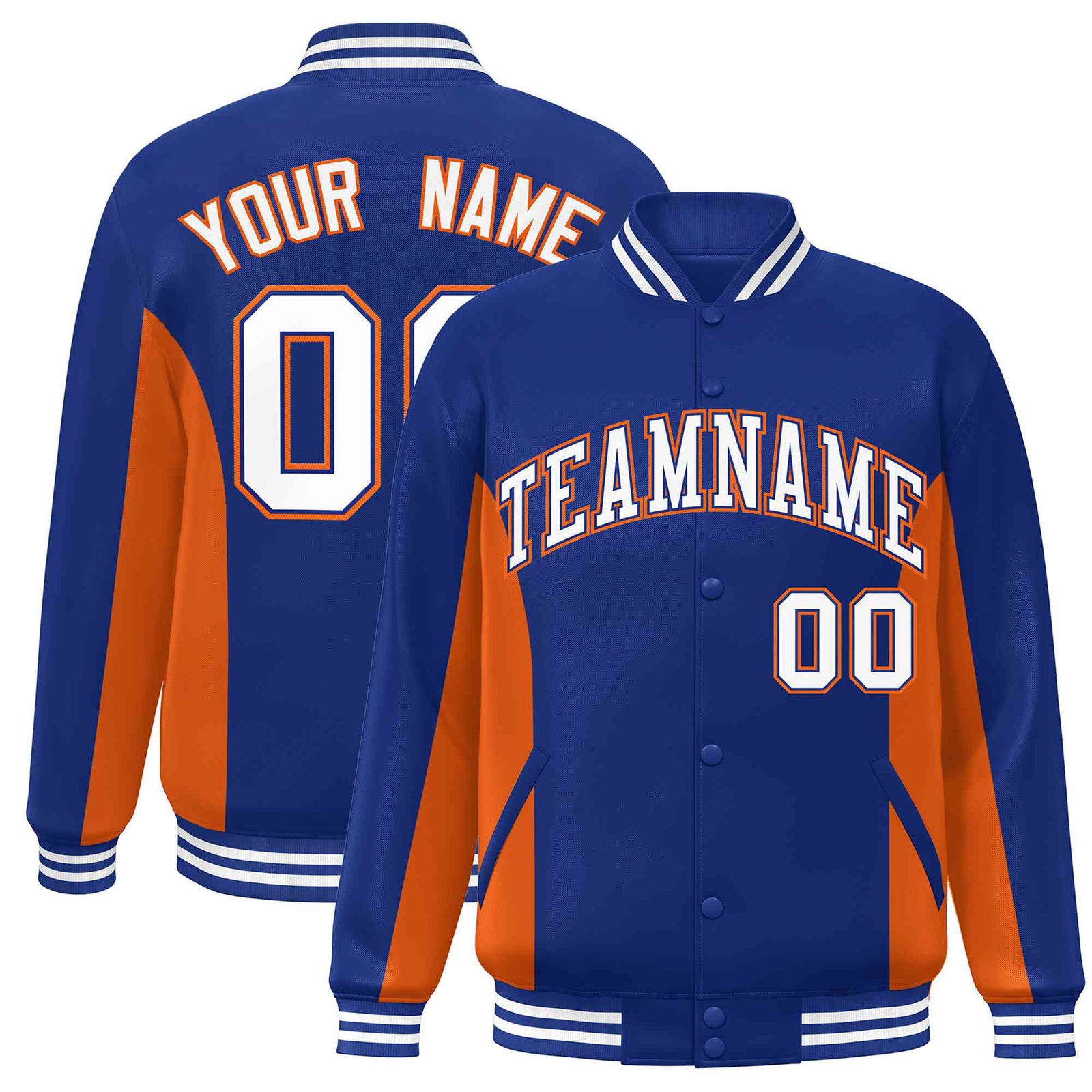 Custom Royal Orange-White Varsity Full-Snap Color Block Letterman Baseball Jacket