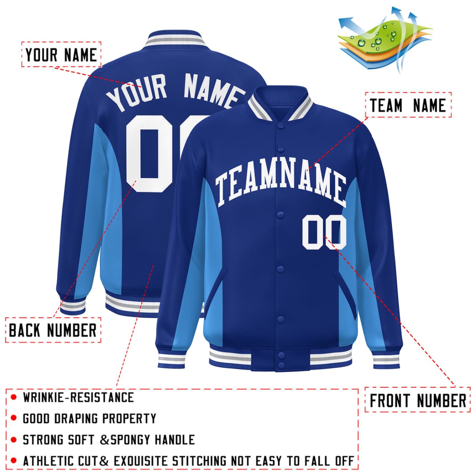 Custom Royal Powder Blue-White Varsity Full-Snap Color Block Letterman Baseball Jacket