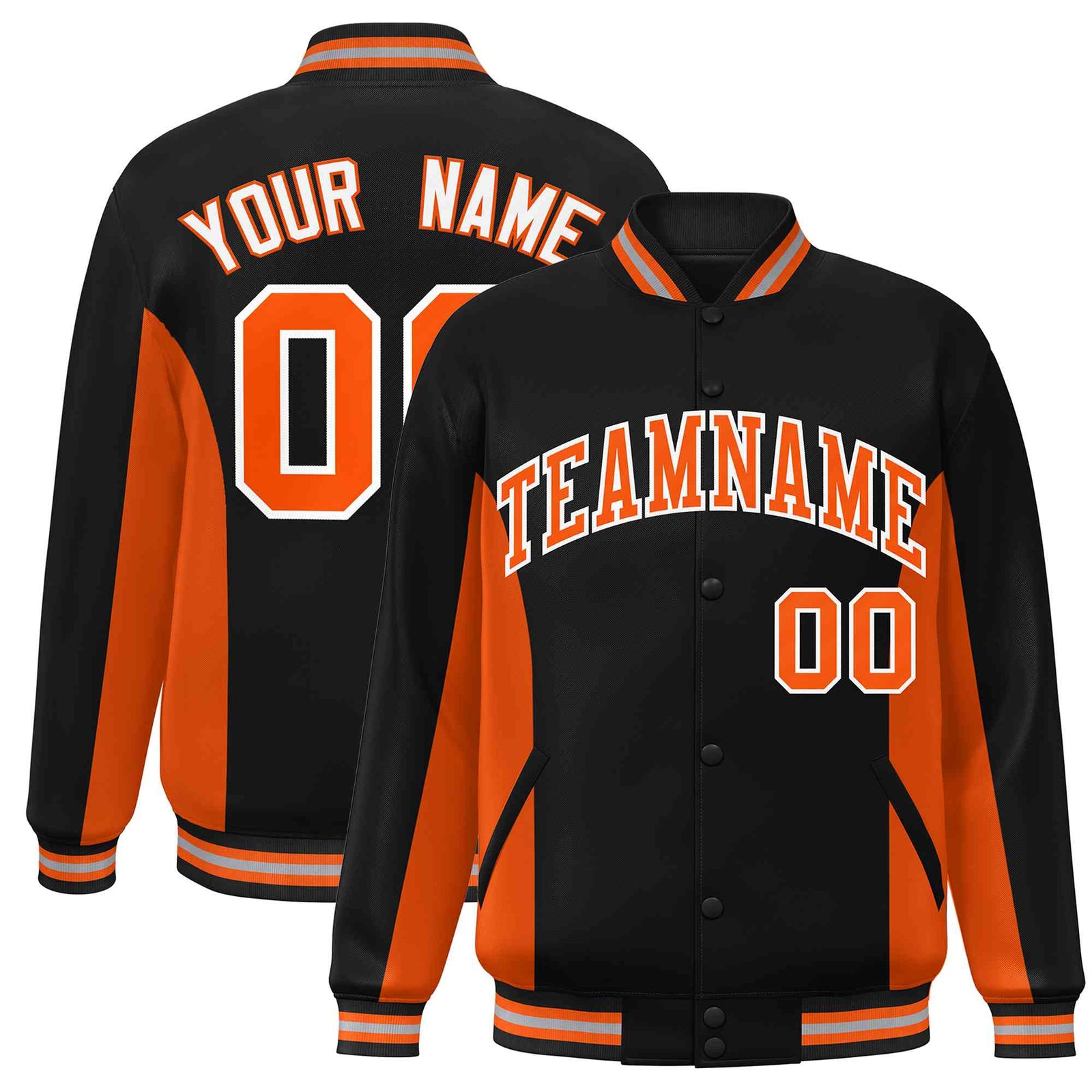 Custom Black Orange Varsity Full-Snap Color Block Letterman Baseball Jacket