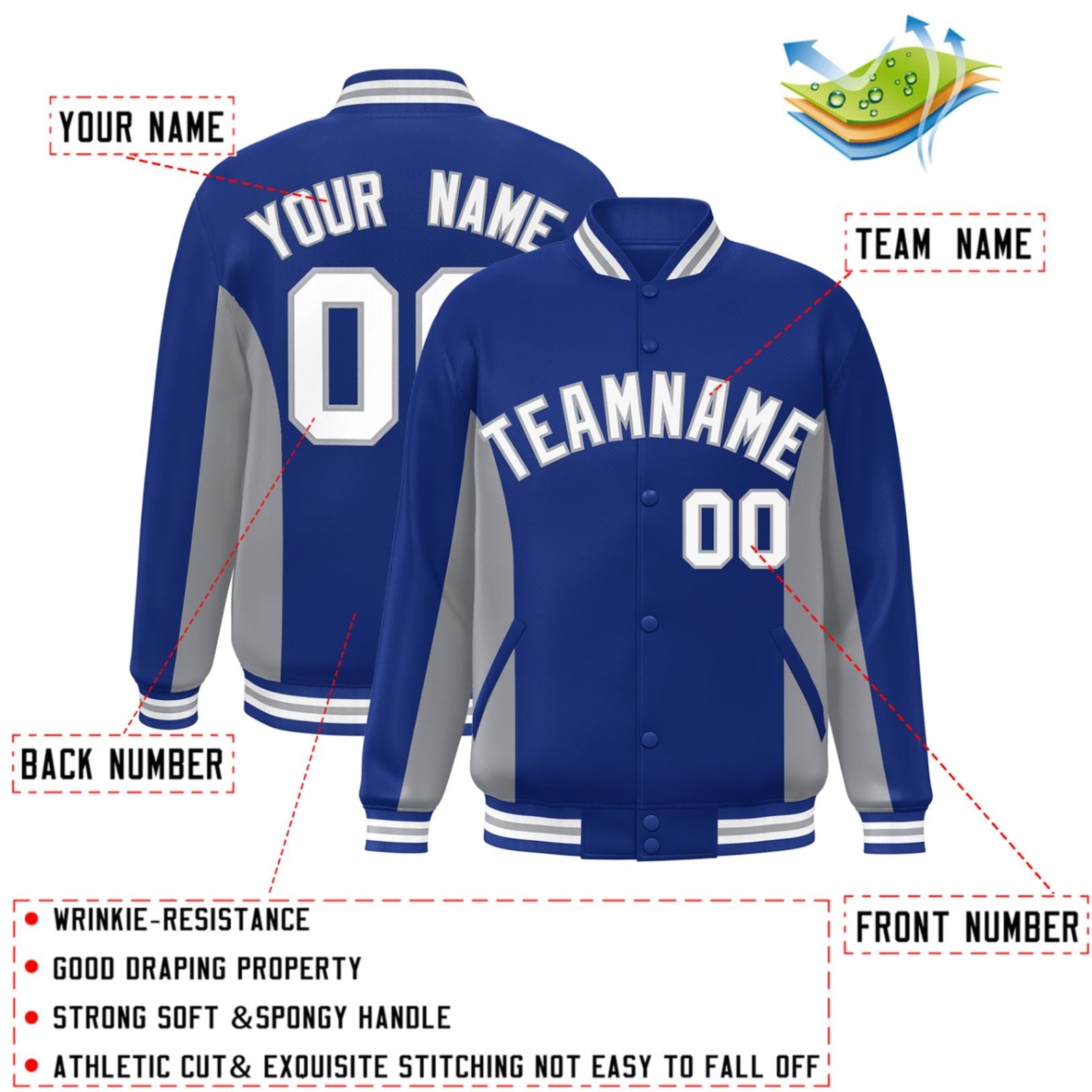 Custom Royal Gray-White Varsity Full-Snap Color Block Letterman Baseball Jacket