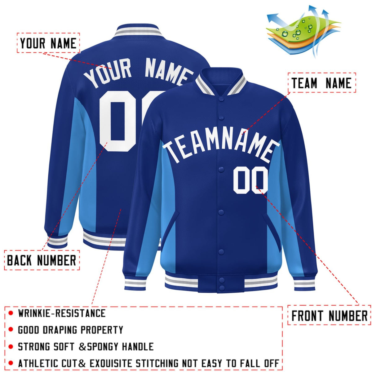 Custom Royal Powder Blue-White Varsity Full-Snap Color Block Letterman Baseball Jacket