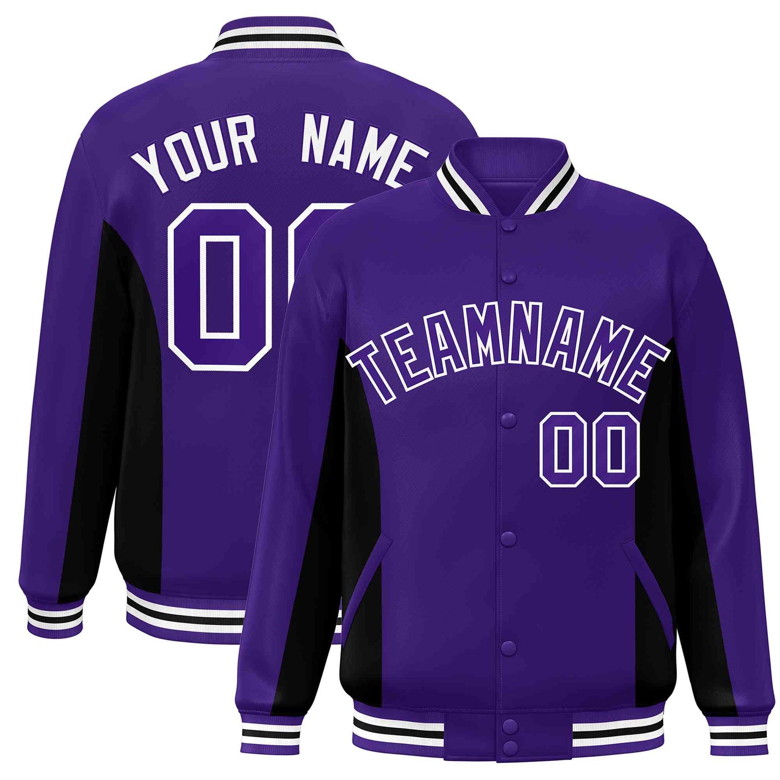 Custom Purple Black Varsity Full-Snap Color Block Letterman Baseball Jacket