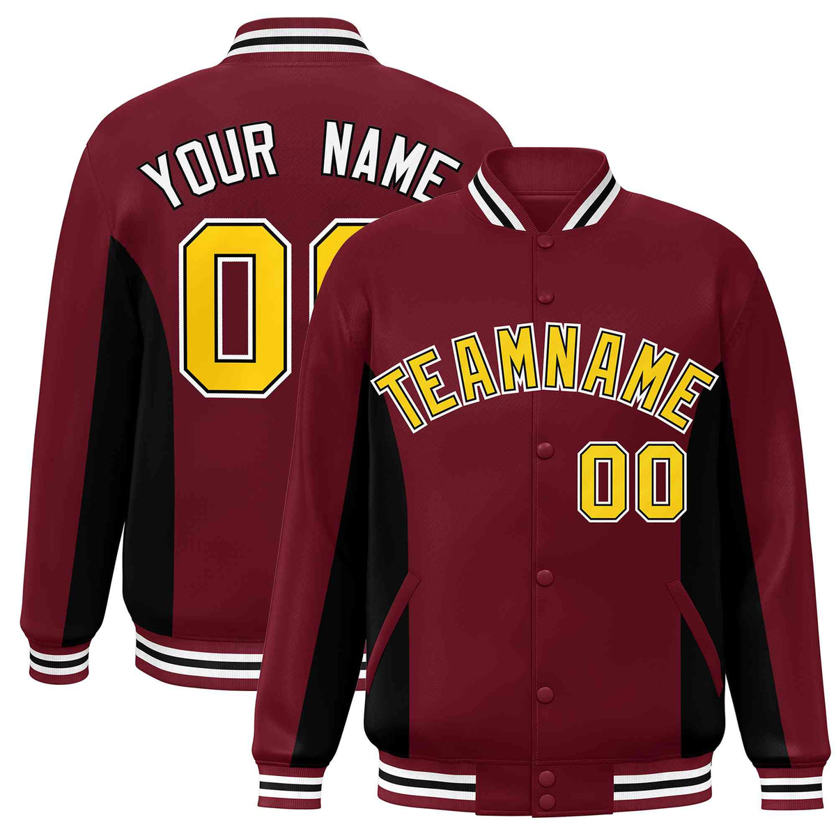 Custom Crimson Black-Gold Varsity Full-Snap Color Block Letterman Baseball Jacket