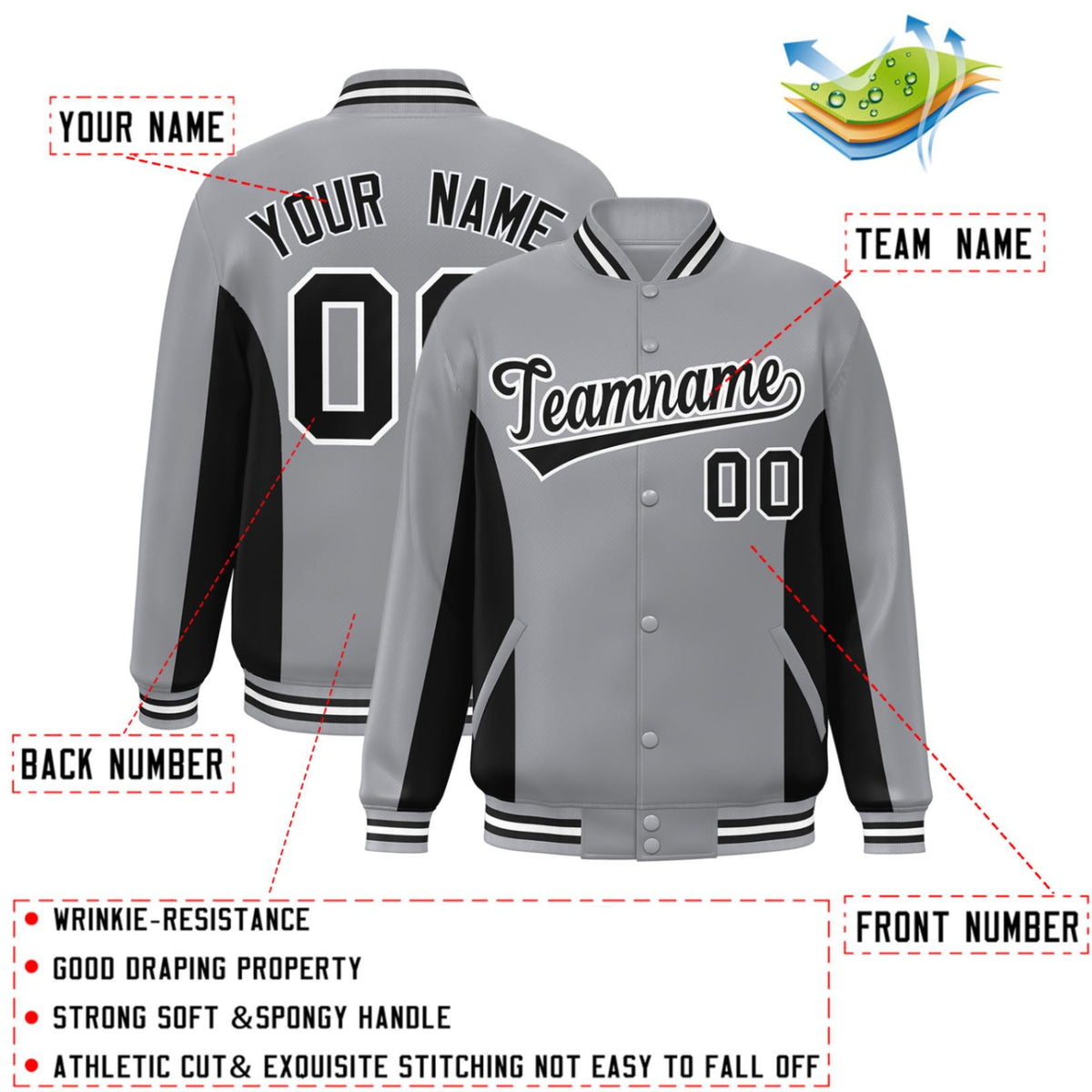 Custom Gray Black Varsity Full-Snap Color Block Letterman Baseball Jacket
