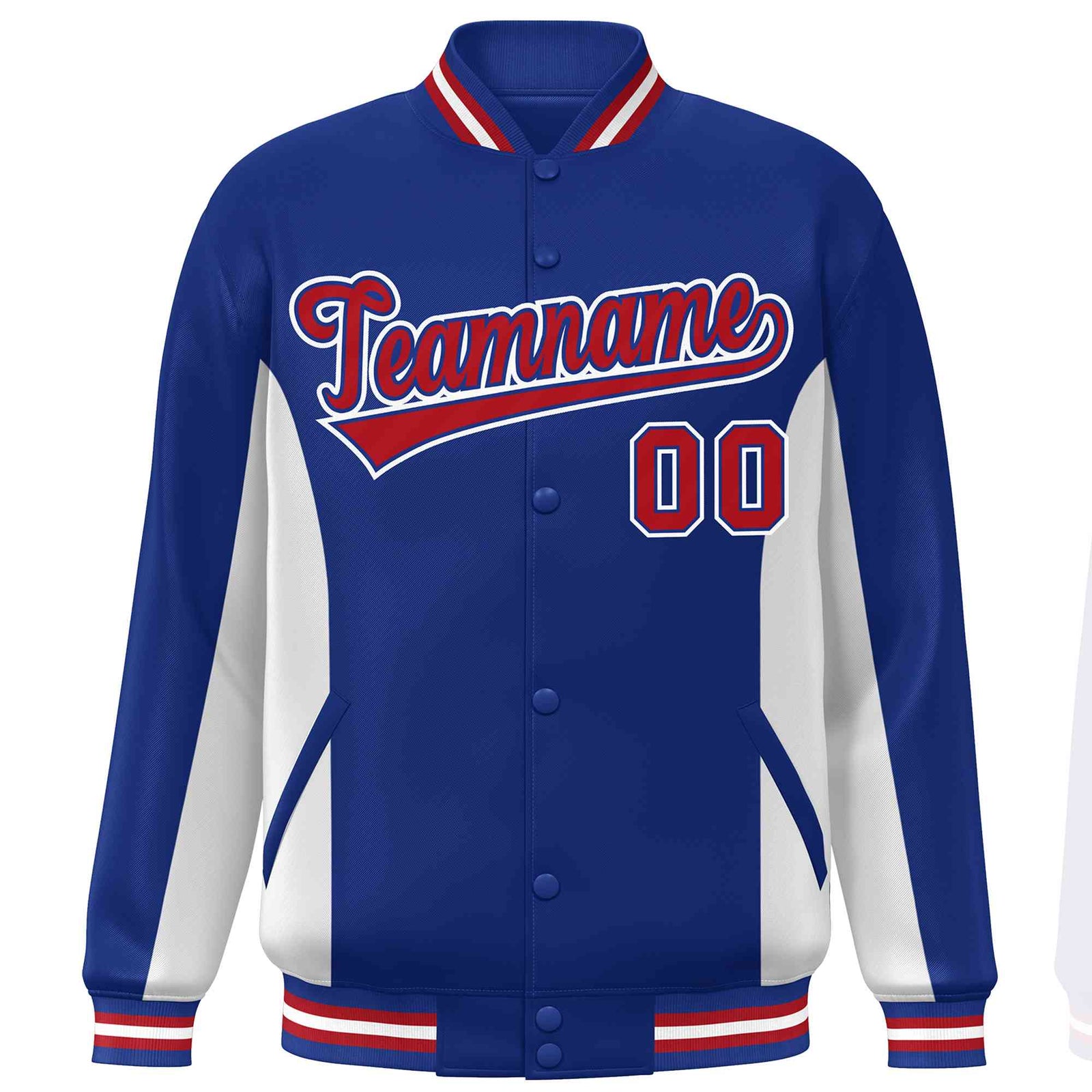 Custom Royal White-Red Varsity Full-Snap Color Block Letterman Baseball Jacket