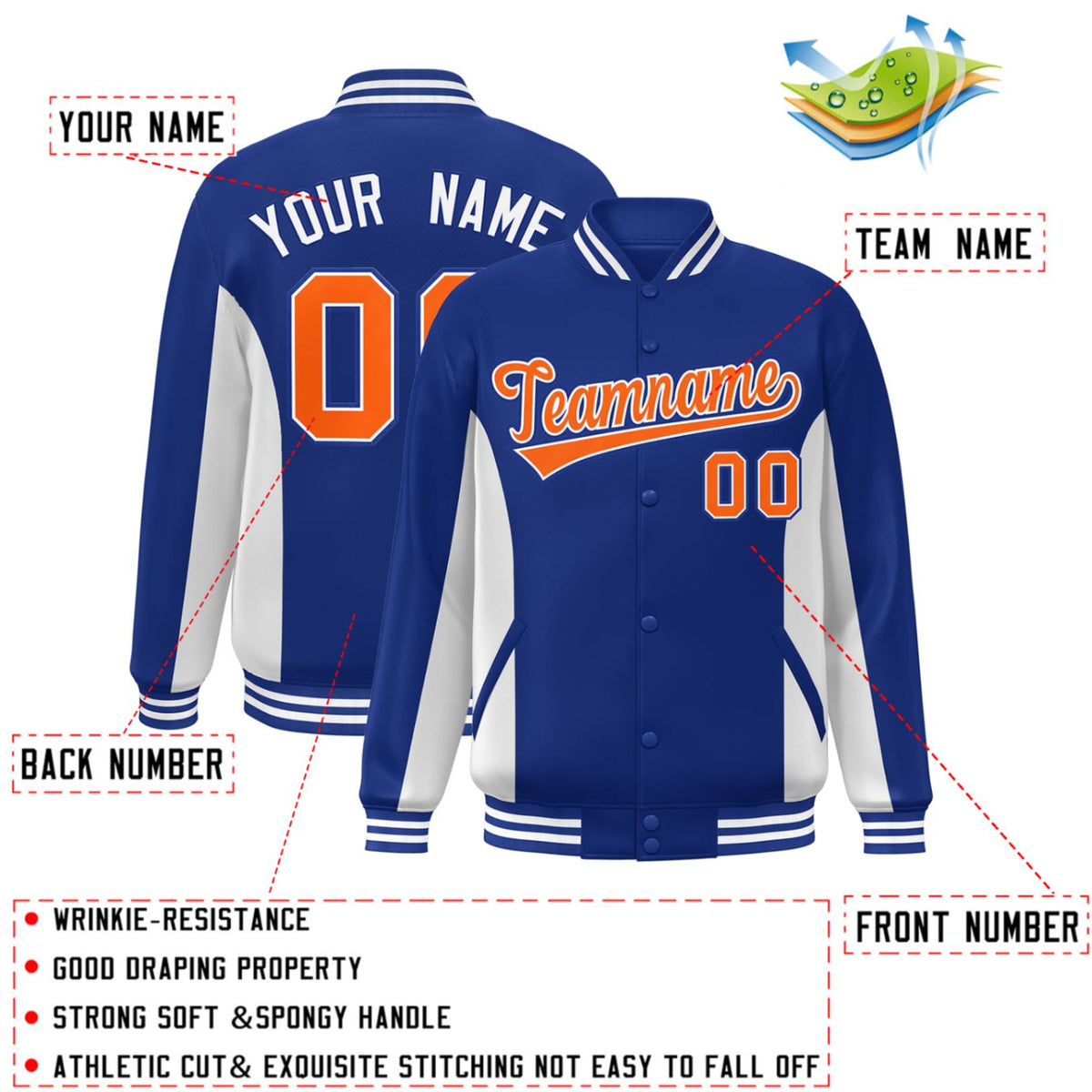 Custom Royal White-Orange Varsity Full-Snap Color Block Letterman Baseball Jacket