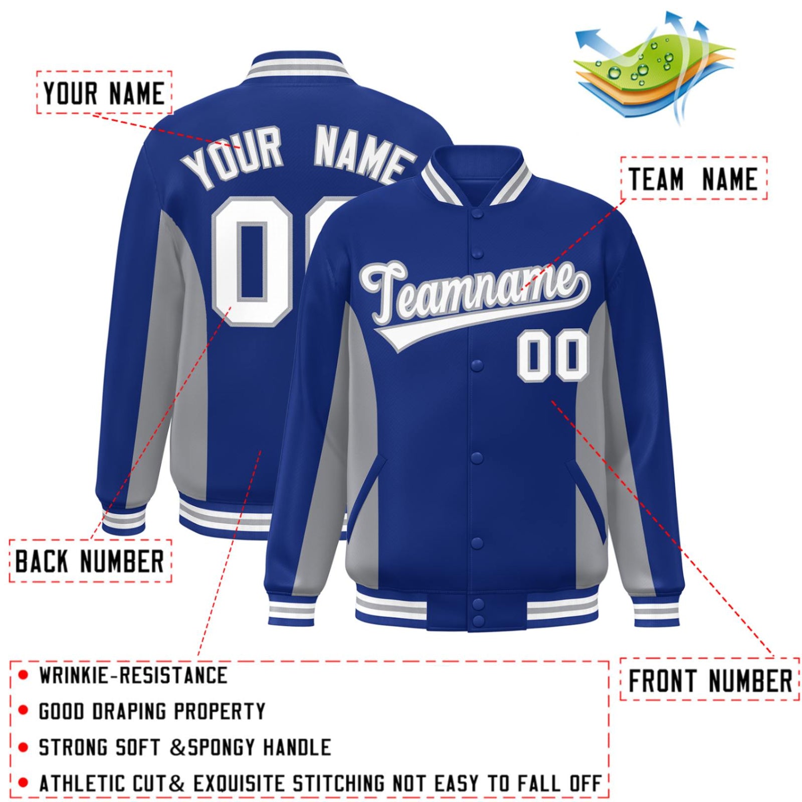Custom Royal Gray-White Varsity Full-Snap Color Block Letterman Baseball Jacket