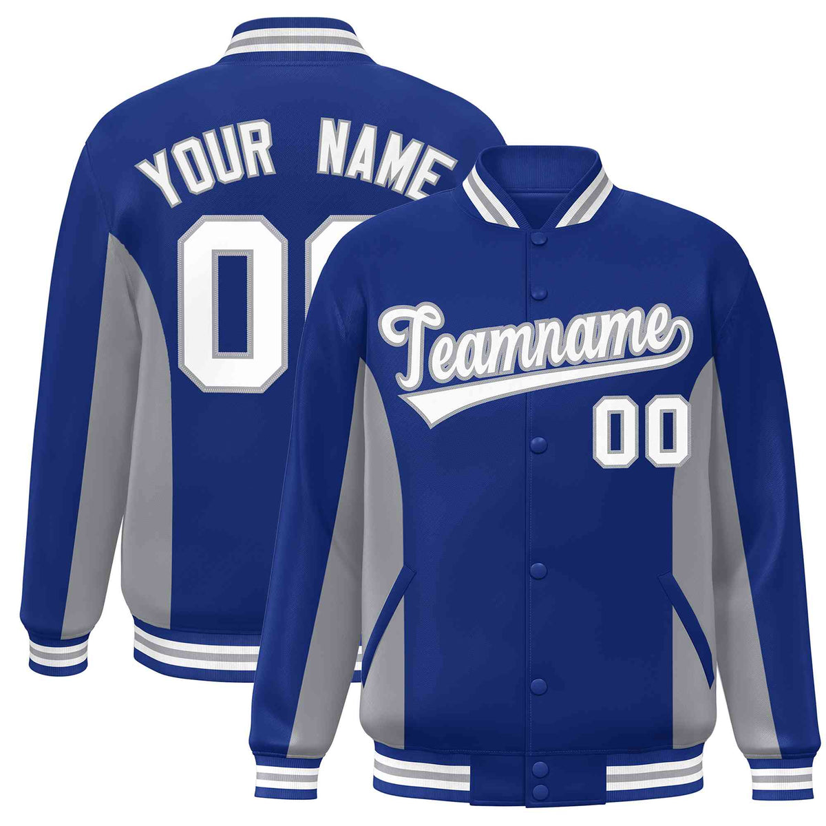 Custom Royal Gray-White Varsity Full-Snap Color Block Letterman Baseball Jacket