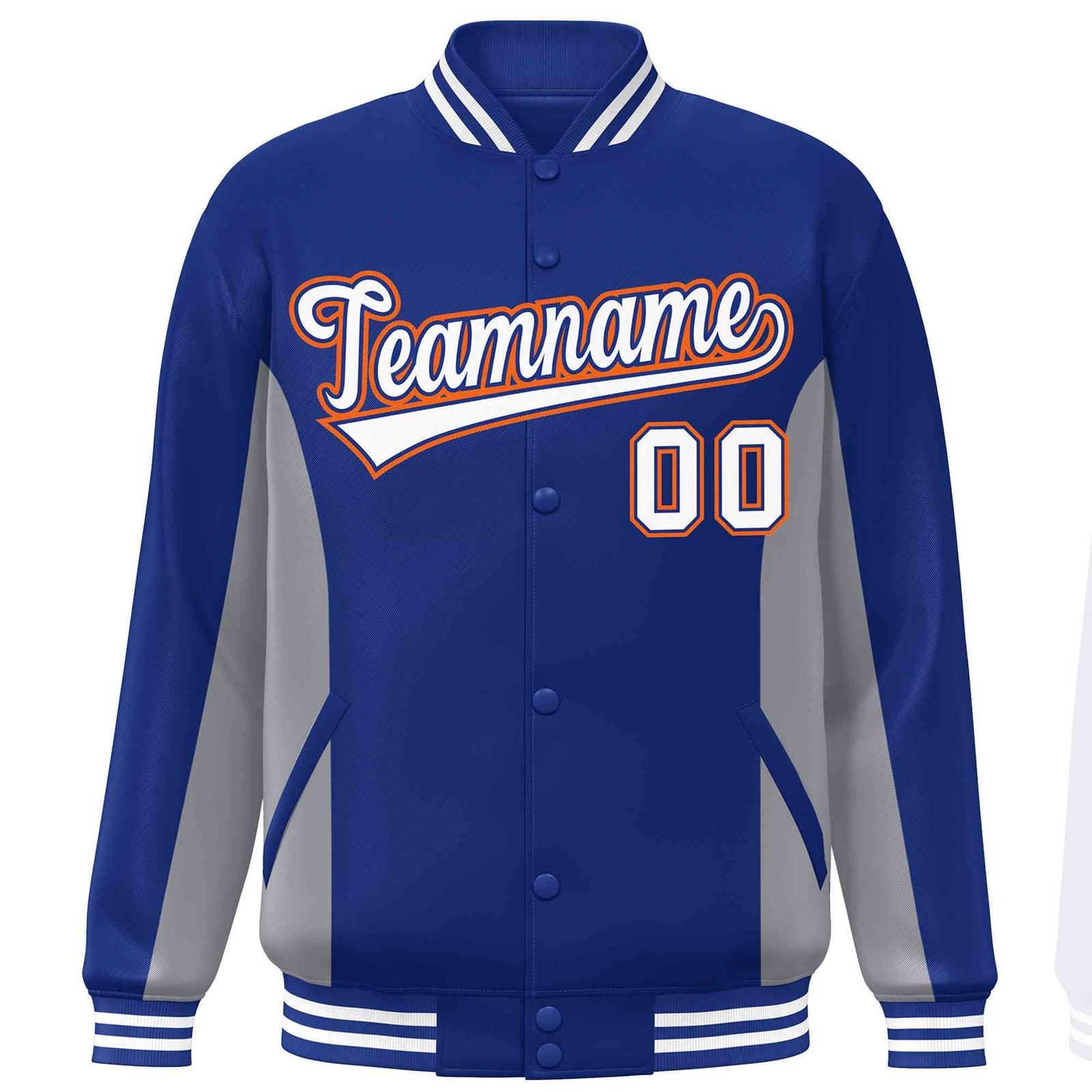 Custom Royal Gray-White Varsity Full-Snap Color Block Letterman Baseball Jacket