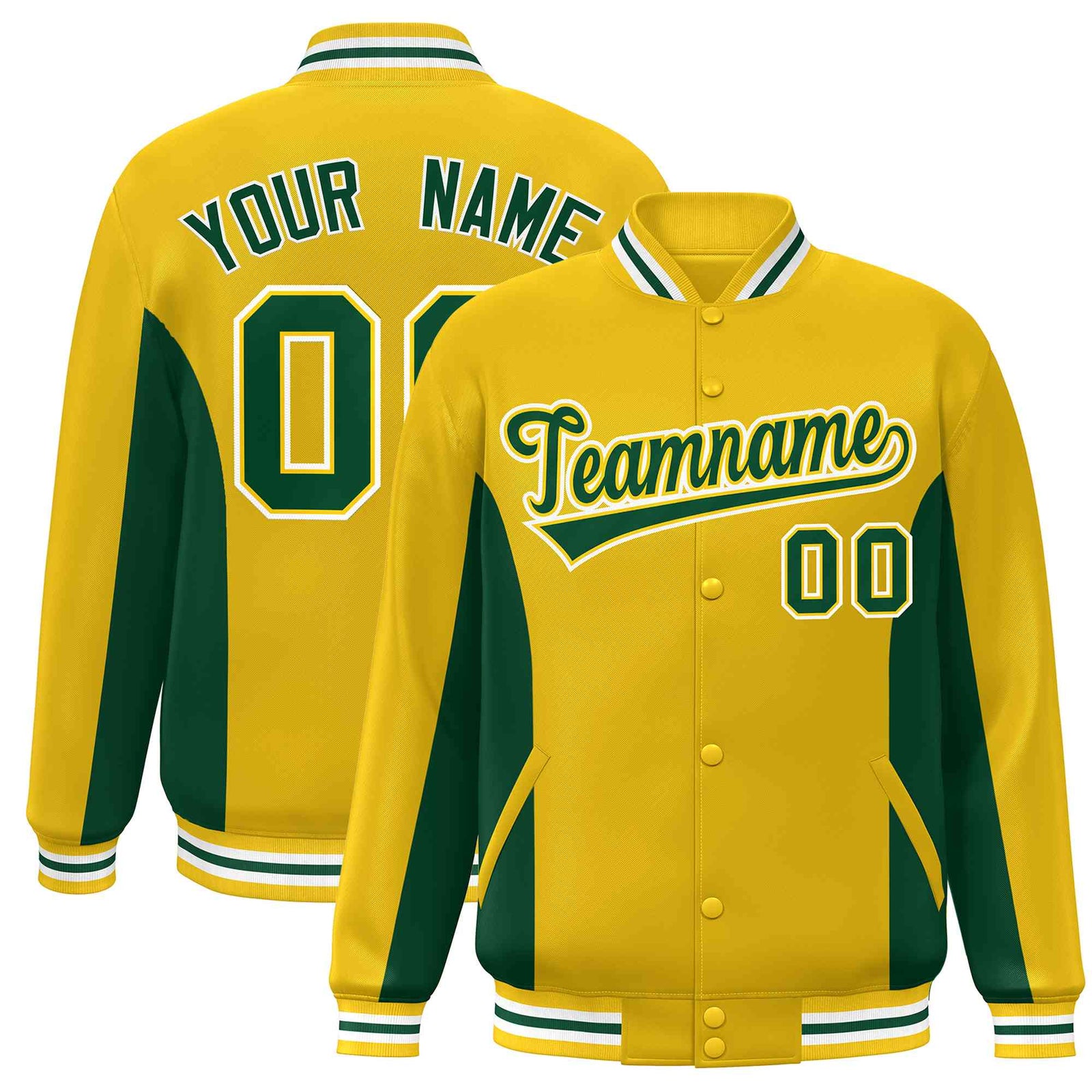 Custom Gold Green Varsity Full-Snap Color Block Letterman Baseball Jacket