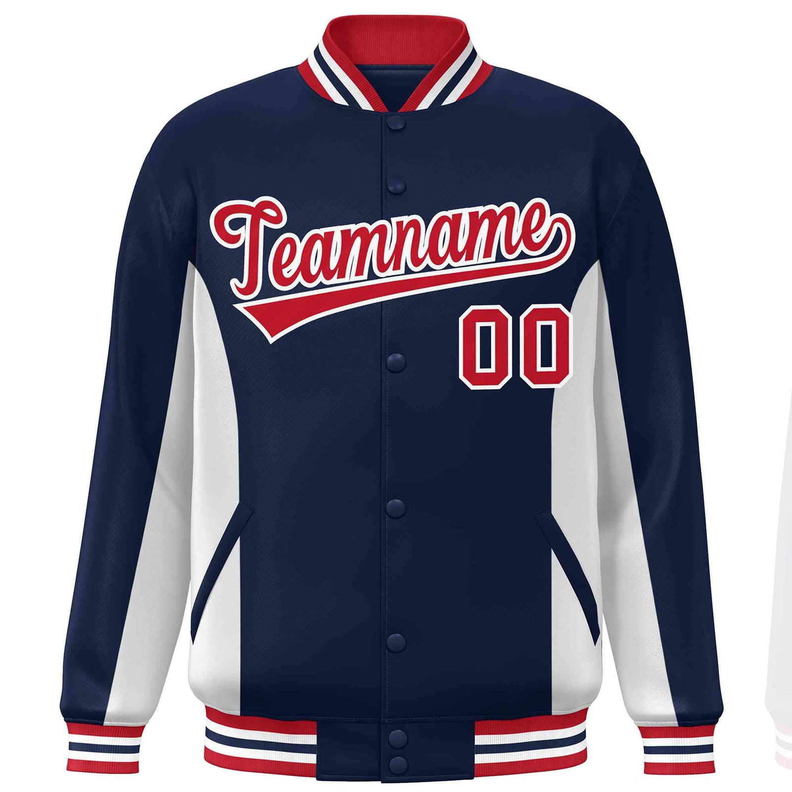 Custom Navy White-Red Varsity Full-Snap Color Block Letterman Baseball Jacket