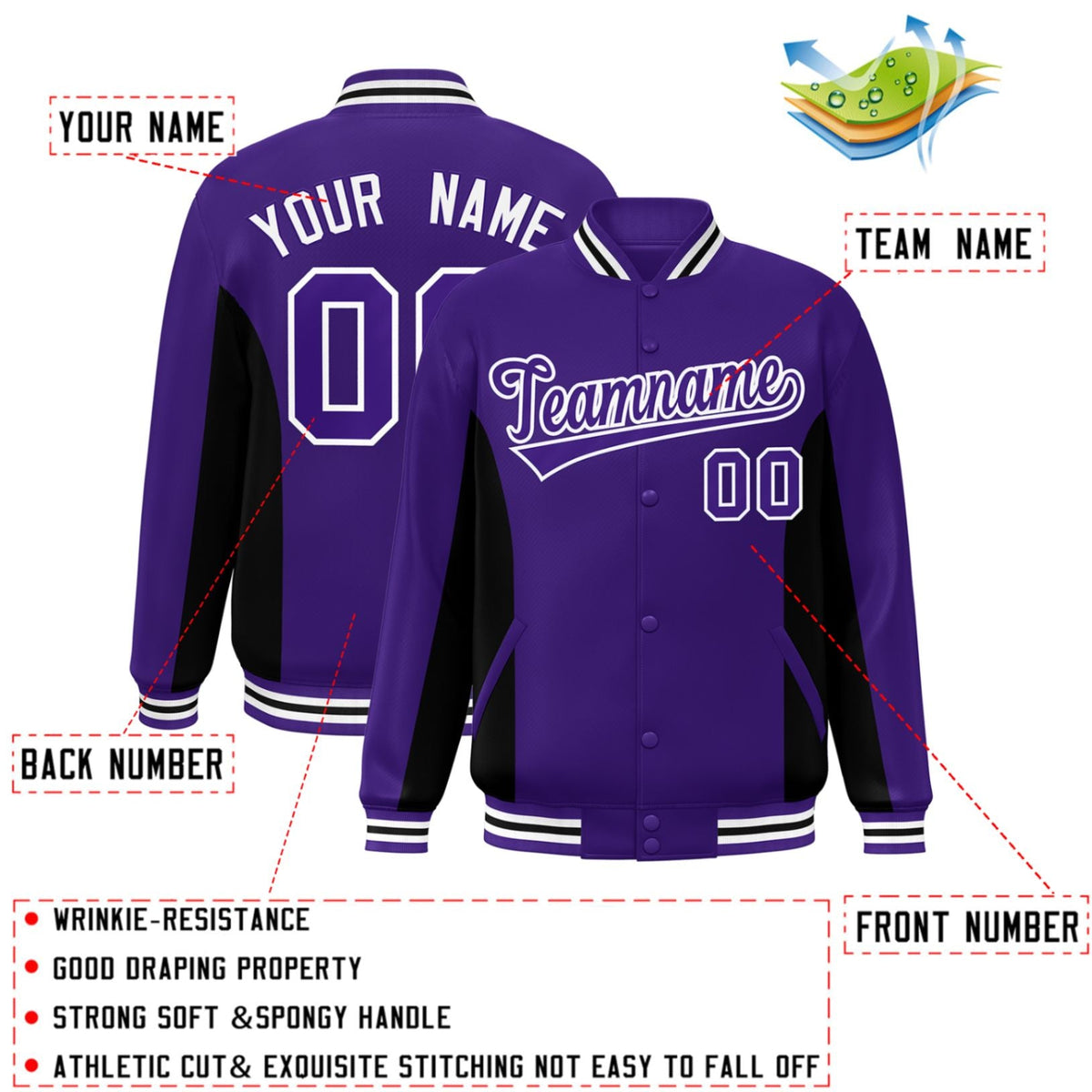 Custom Purple Black Varsity Full-Snap Color Block Letterman Baseball Jacket