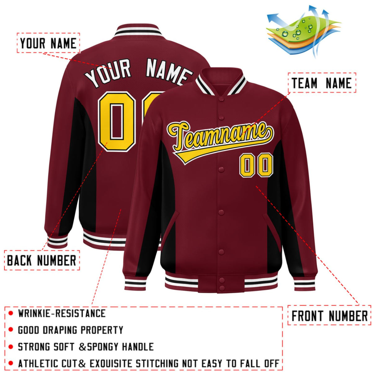 Custom Crimson Black-Gold Varsity Full-Snap Color Block Letterman Baseball Jacket