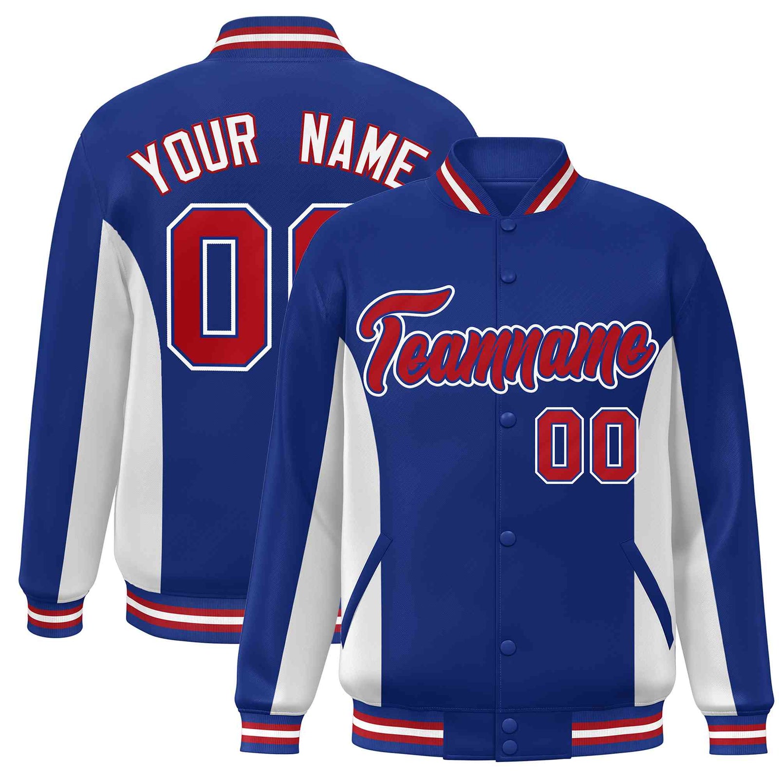 Custom Royal White-Red Varsity Full-Snap Color Block Letterman Baseball Jacket
