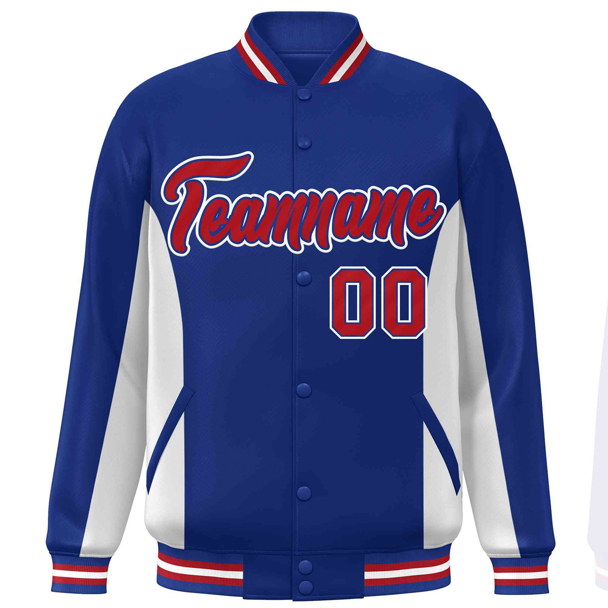 Custom Royal White-Red Varsity Full-Snap Color Block Letterman Baseball Jacket