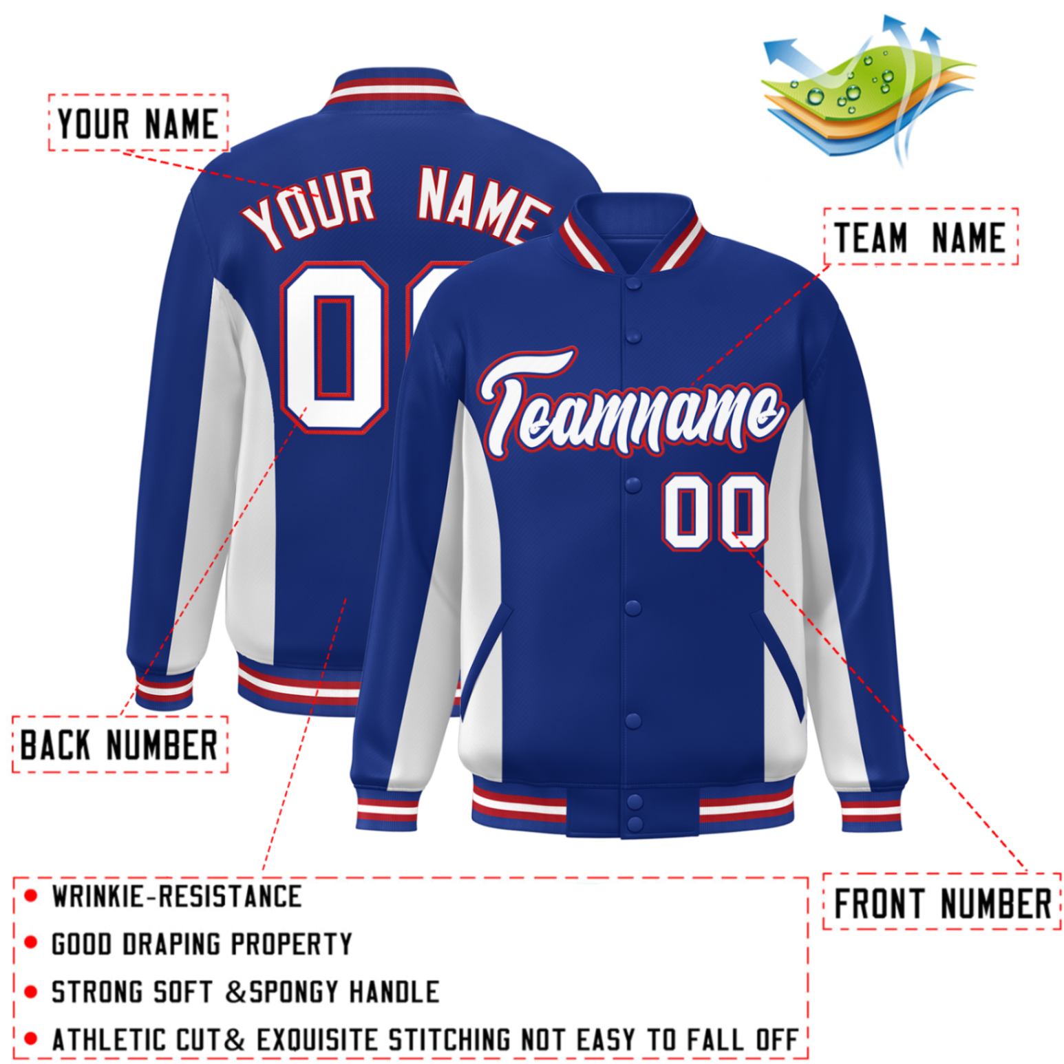 Custom Royal White Varsity Full-Snap Color Block Letterman Baseball Jacket
