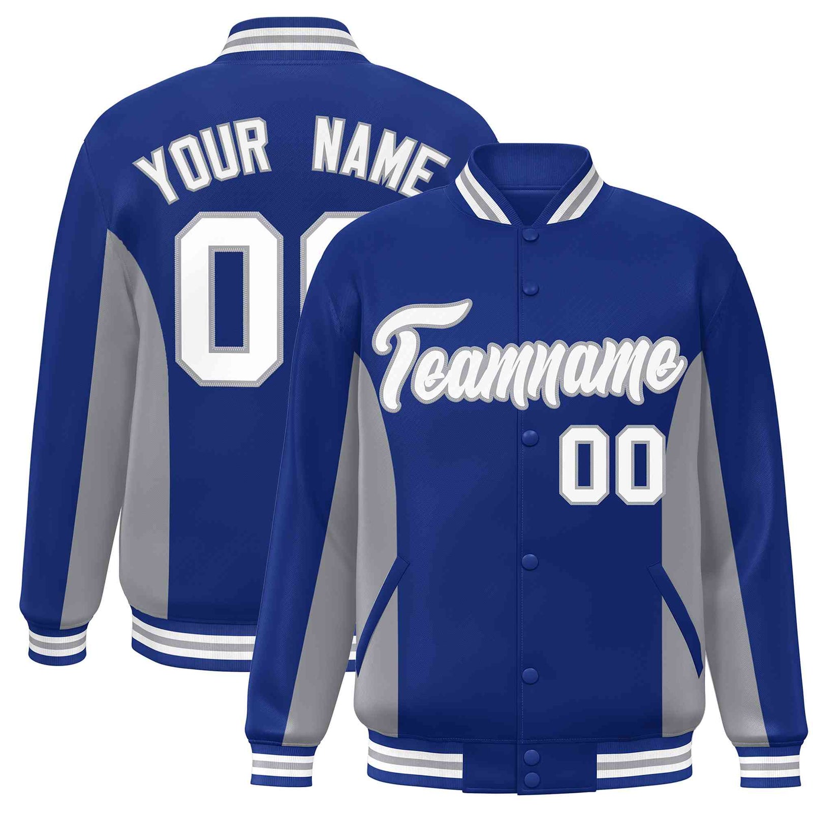 Custom Royal Gray-White Varsity Full-Snap Color Block Letterman Baseball Jacket