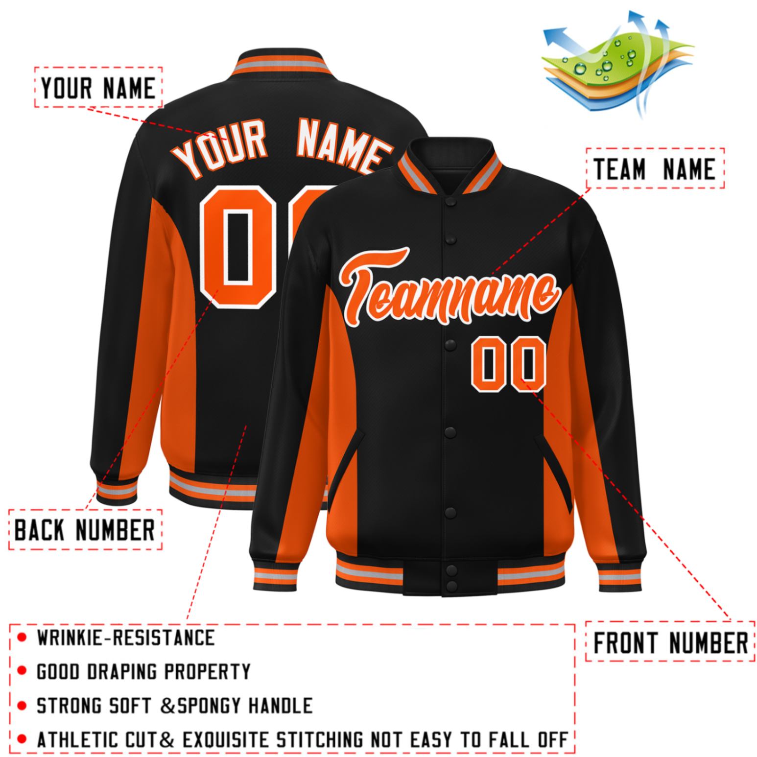 Custom Black Orange Varsity Full-Snap Color Block Letterman Baseball Jacket